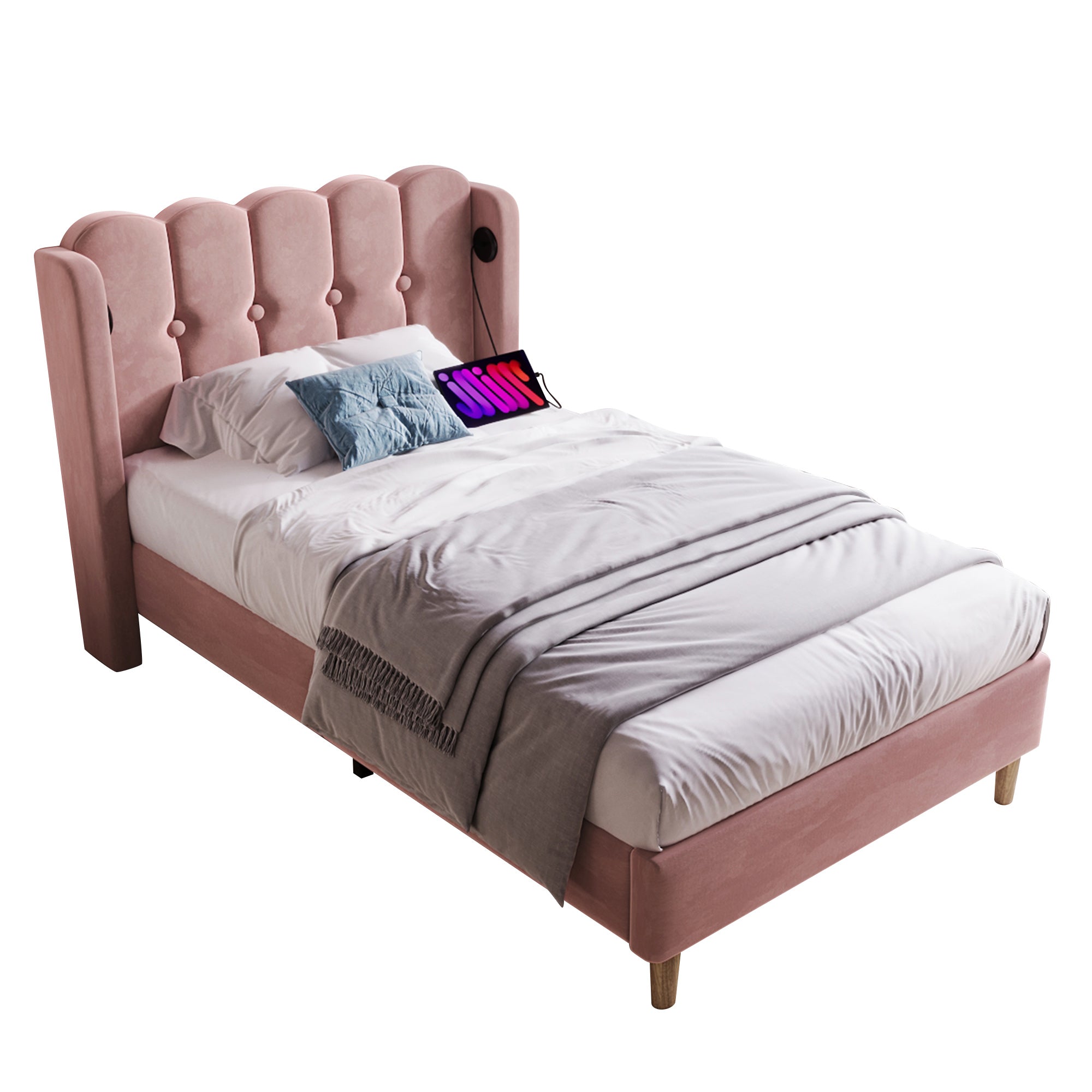 Logidon Gestoffeerd Bed Eenpersoonsbed Roze 90x200 met USB Type C oplaadfunctie
