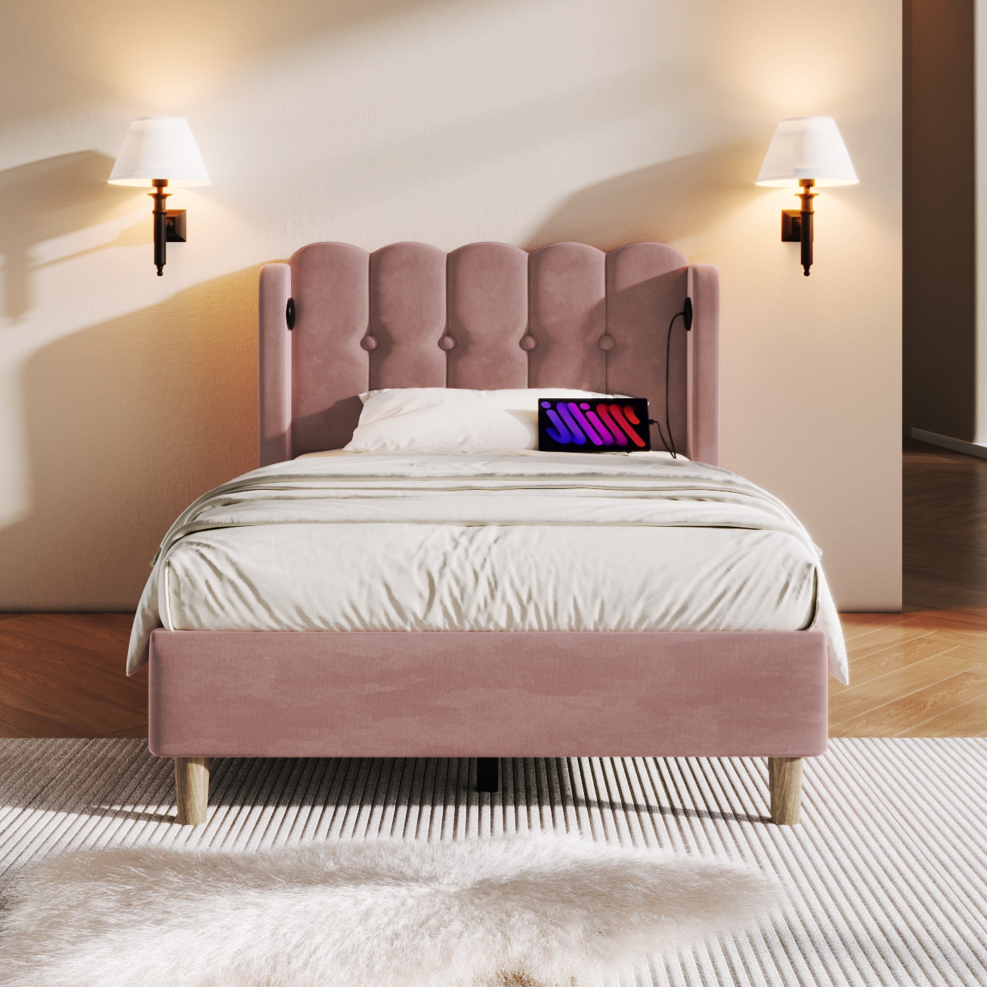 Logidon gestoffeerd bed roze 90x200 cm met USB Type C oplaadfunctie