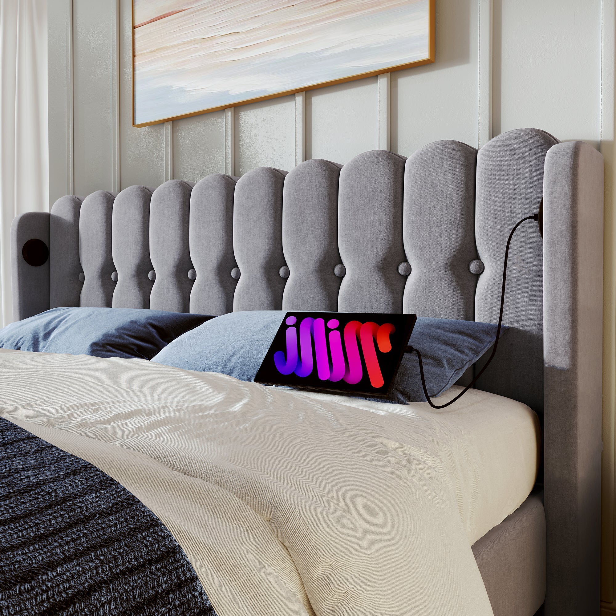 Logidon Upholstered Bed Double Bed with USB Type C Charging Function Gray 140x200