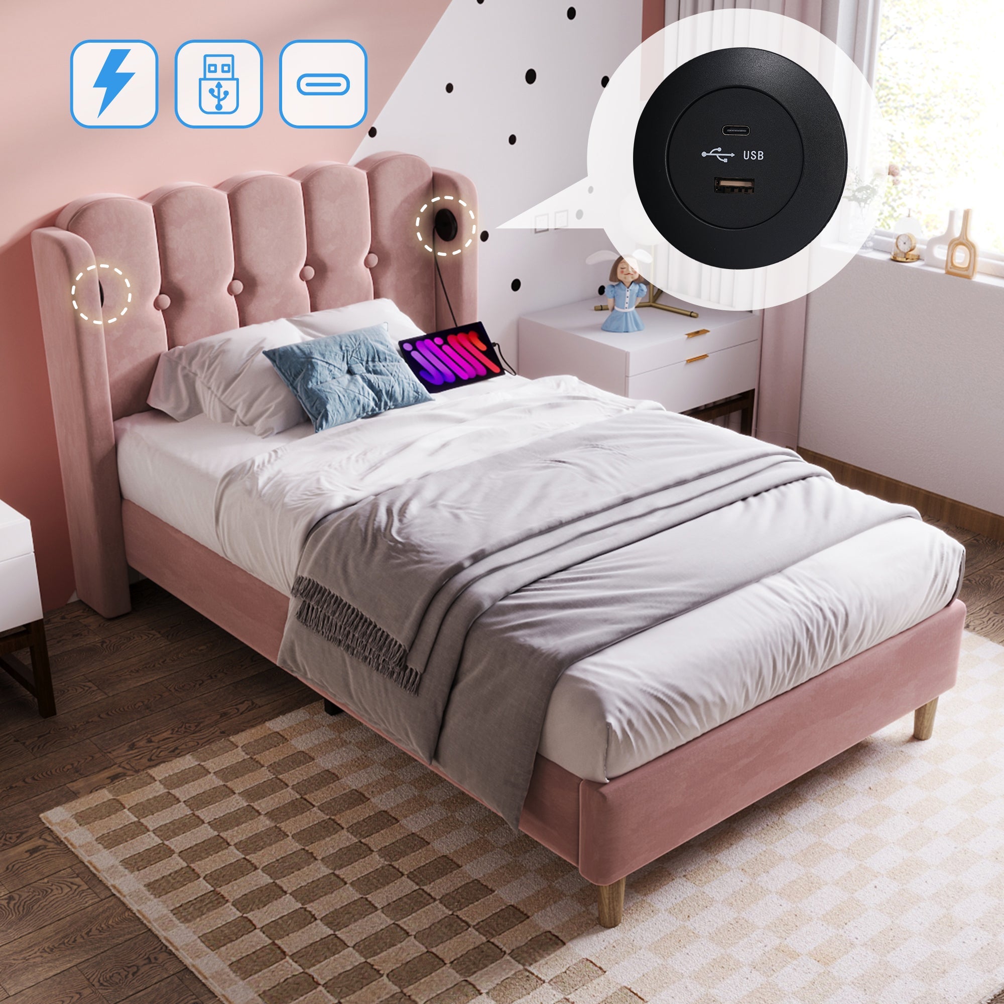 Logidon Gestoffeerd Bed Eenpersoonsbed Roze 90x200 met USB Type C oplaadfunctie