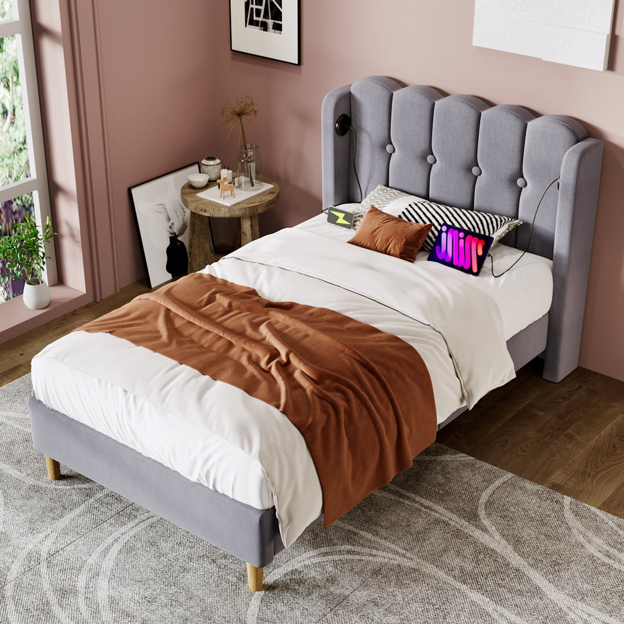 Logidon Gestoffeerd bed 90x200 CM Grijs USB Type C Oplaadfunctie Inclusief Matras
