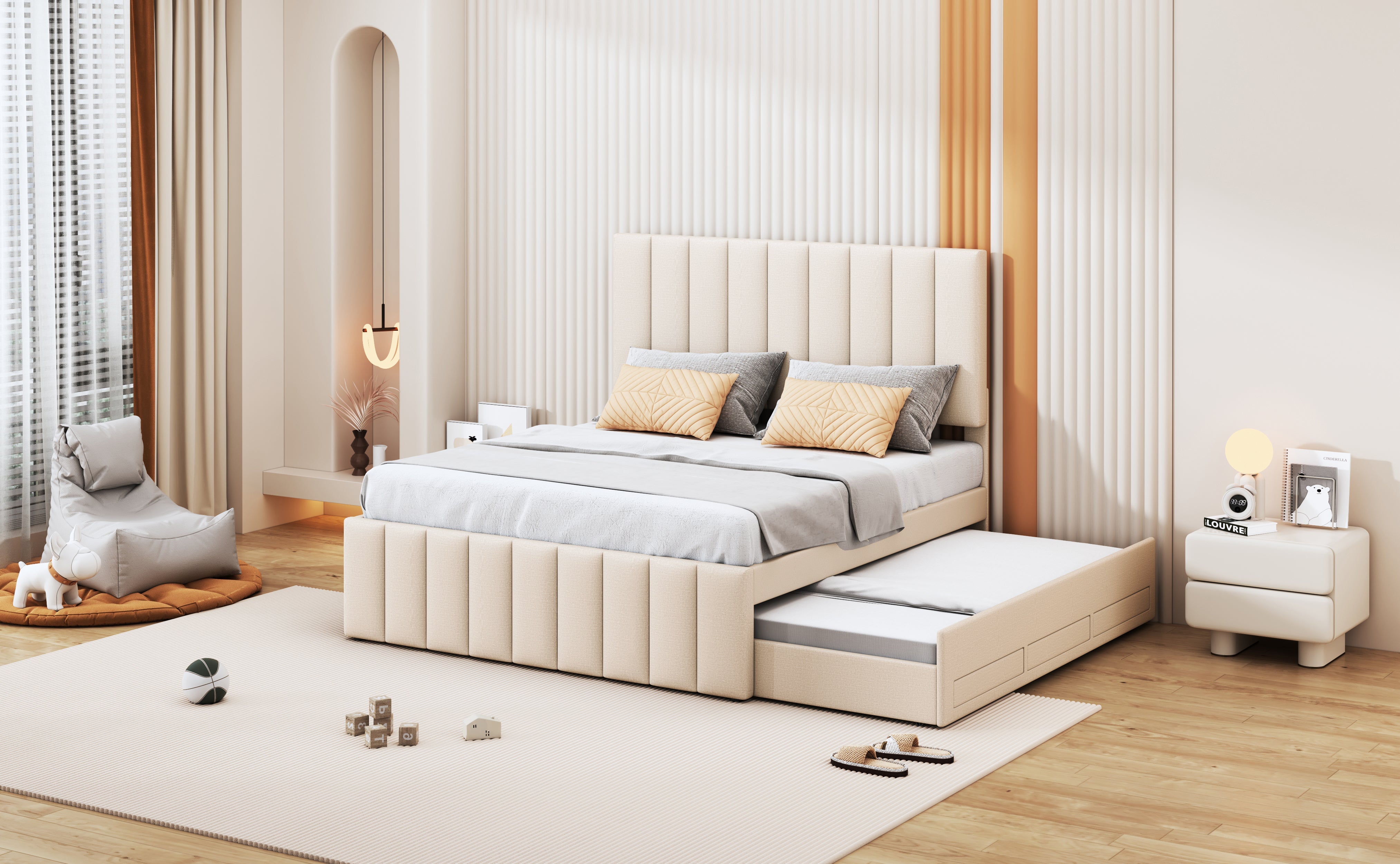 Logidon upholstered bed 140 x 200 cm beige with pull-out bed and drawers