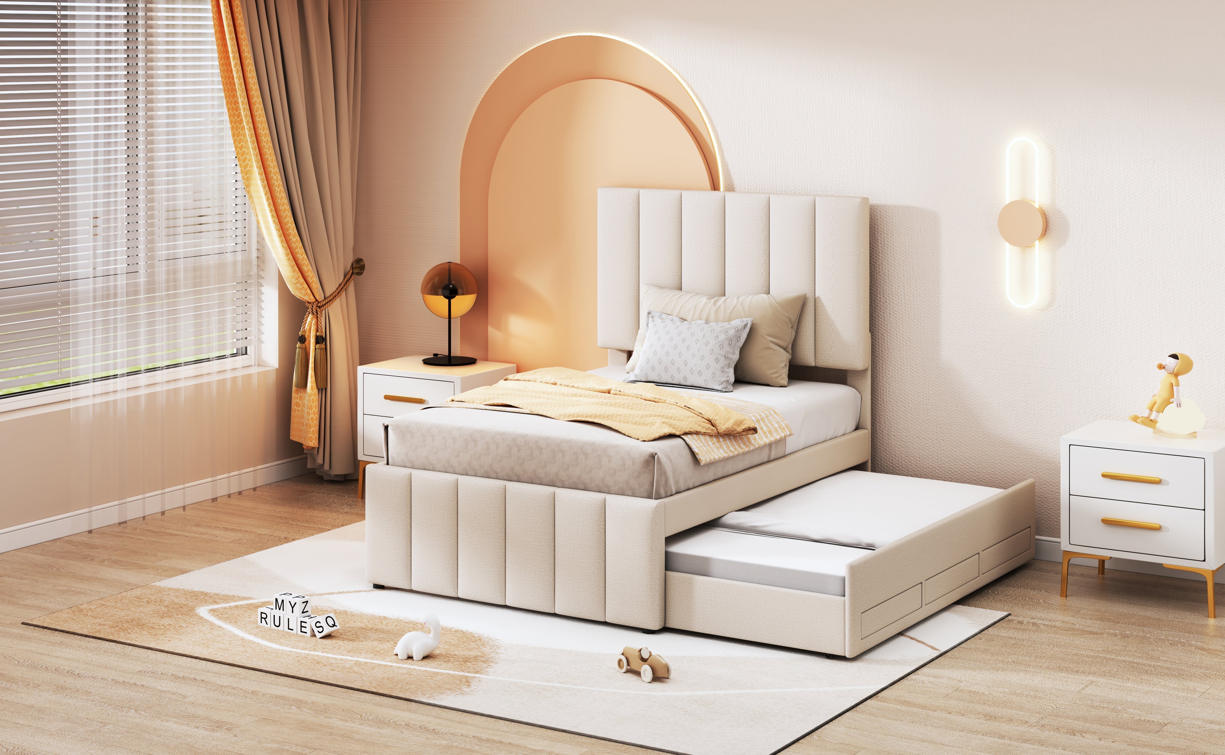 Logidon upholstered bed 90x200 beige with trundle bed and storage drawers