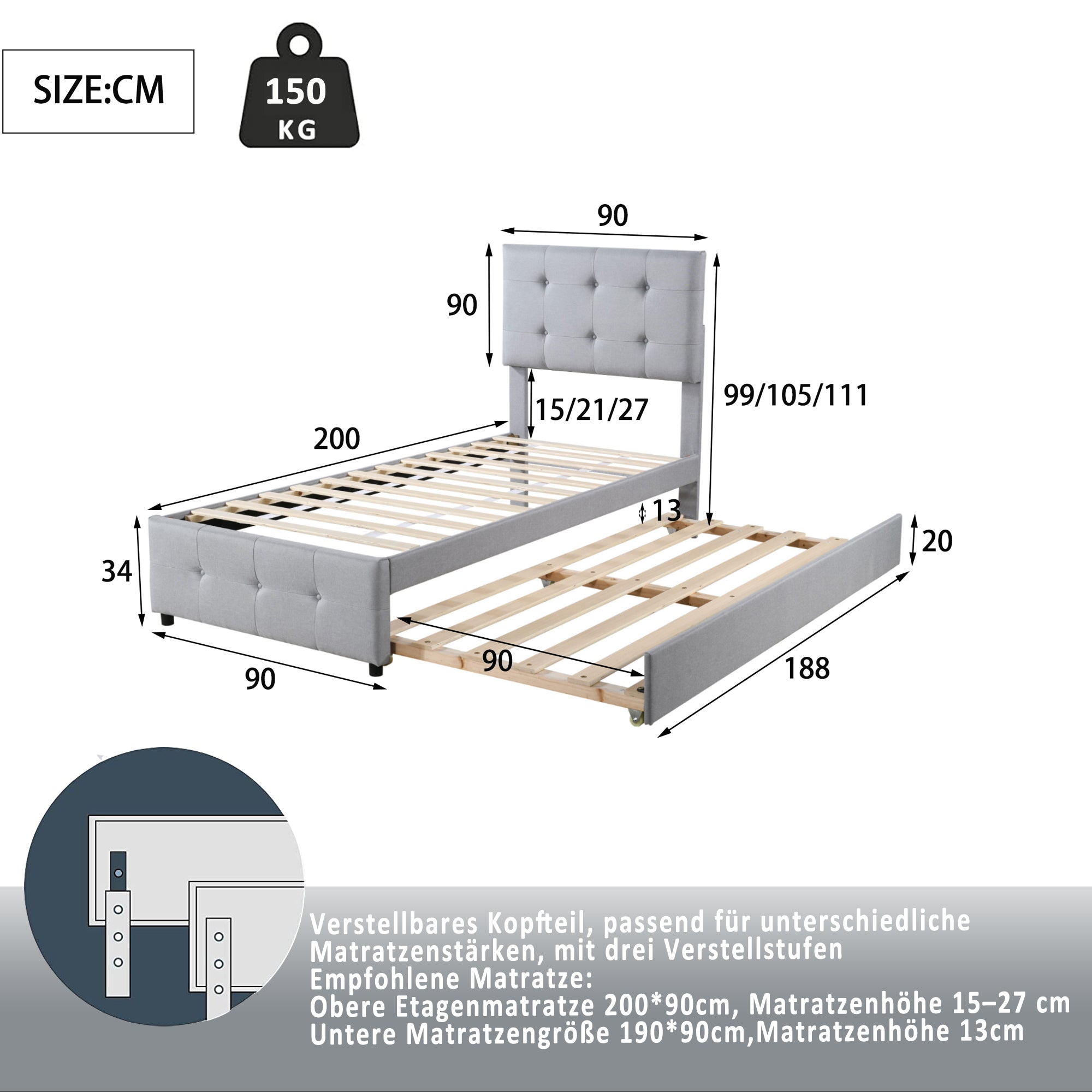 Logidon Upholstered Bed 90x200 Gray Extendable Bed Headboard Adjustable