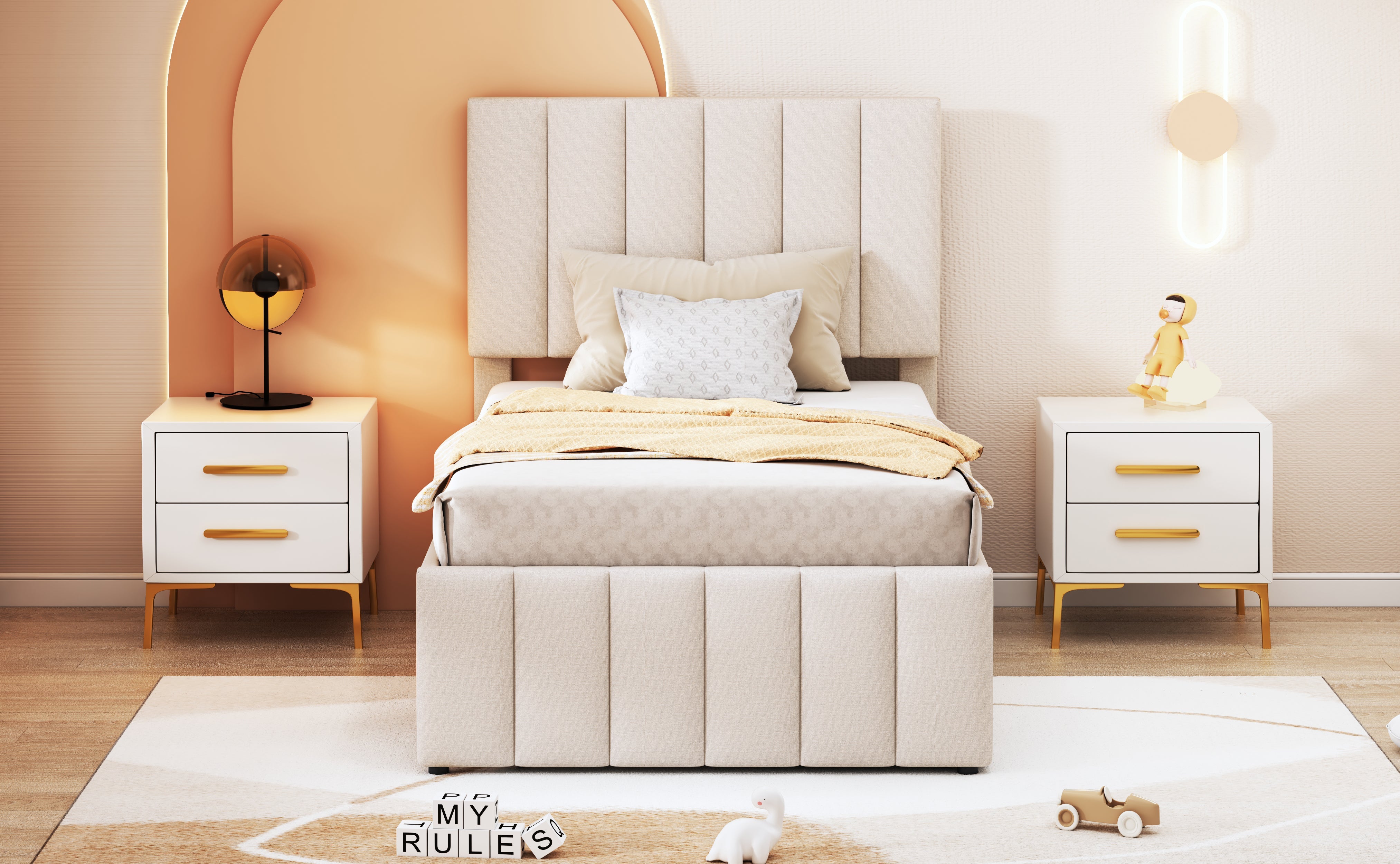 Logidon upholstered bed 90x200 beige with trundle bed and storage drawers