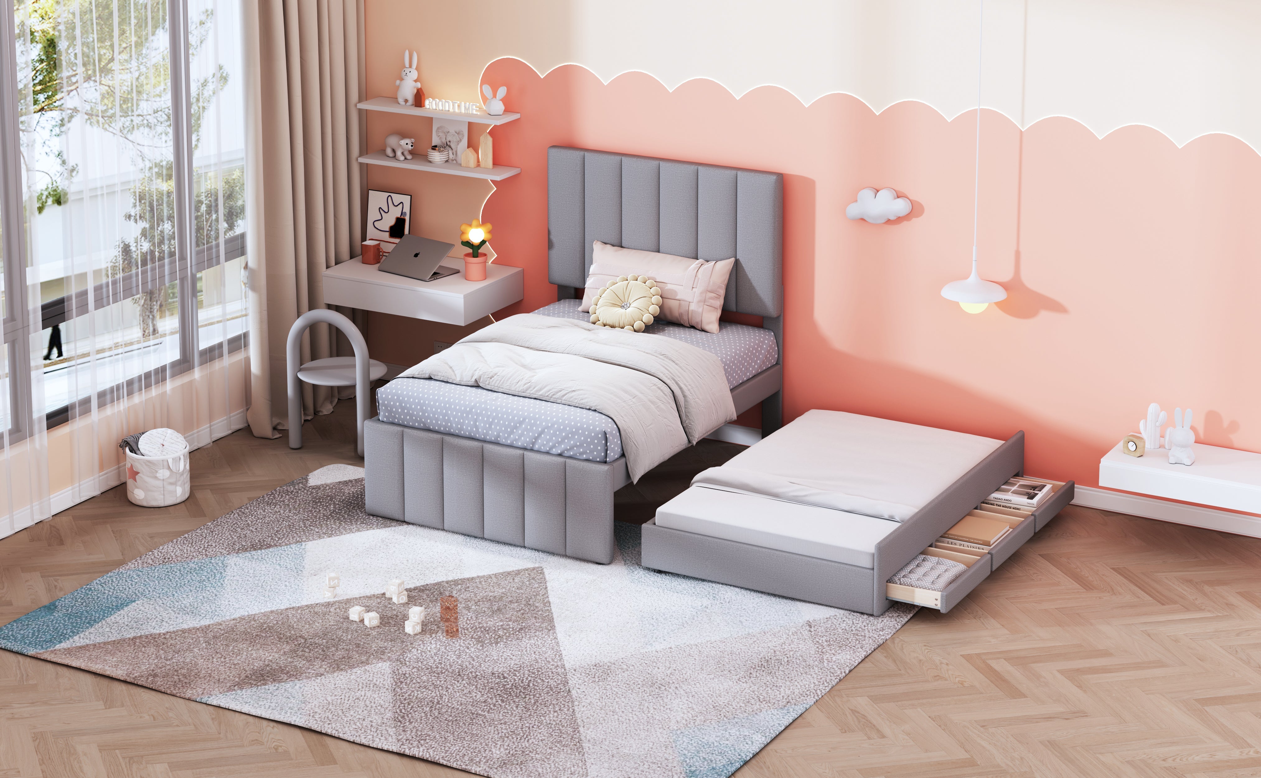 Logidon gestoffeerd bed 90x200 cm met onderschuifbed en opbergruimte grijs