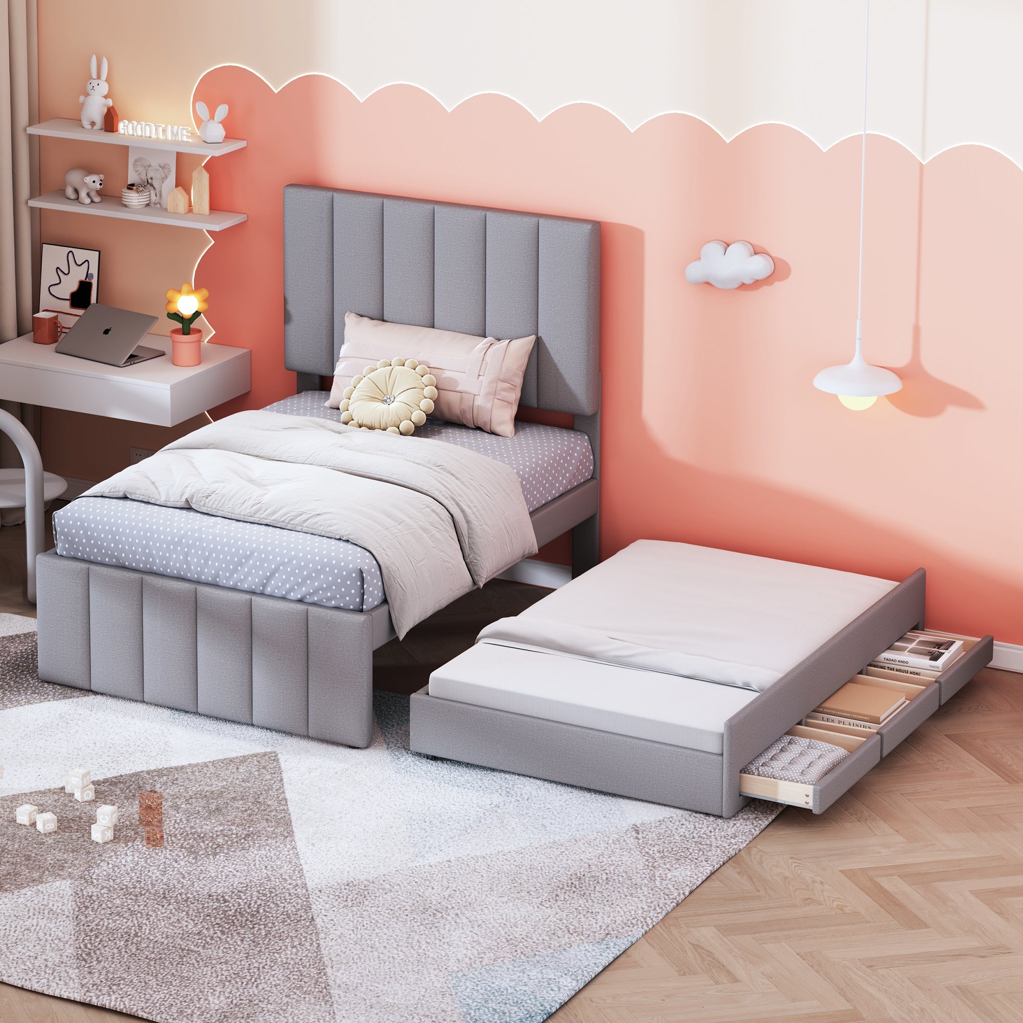 Logidon gestoffeerd bed 90x200 cm met onderschuifbed en opbergruimte grijs