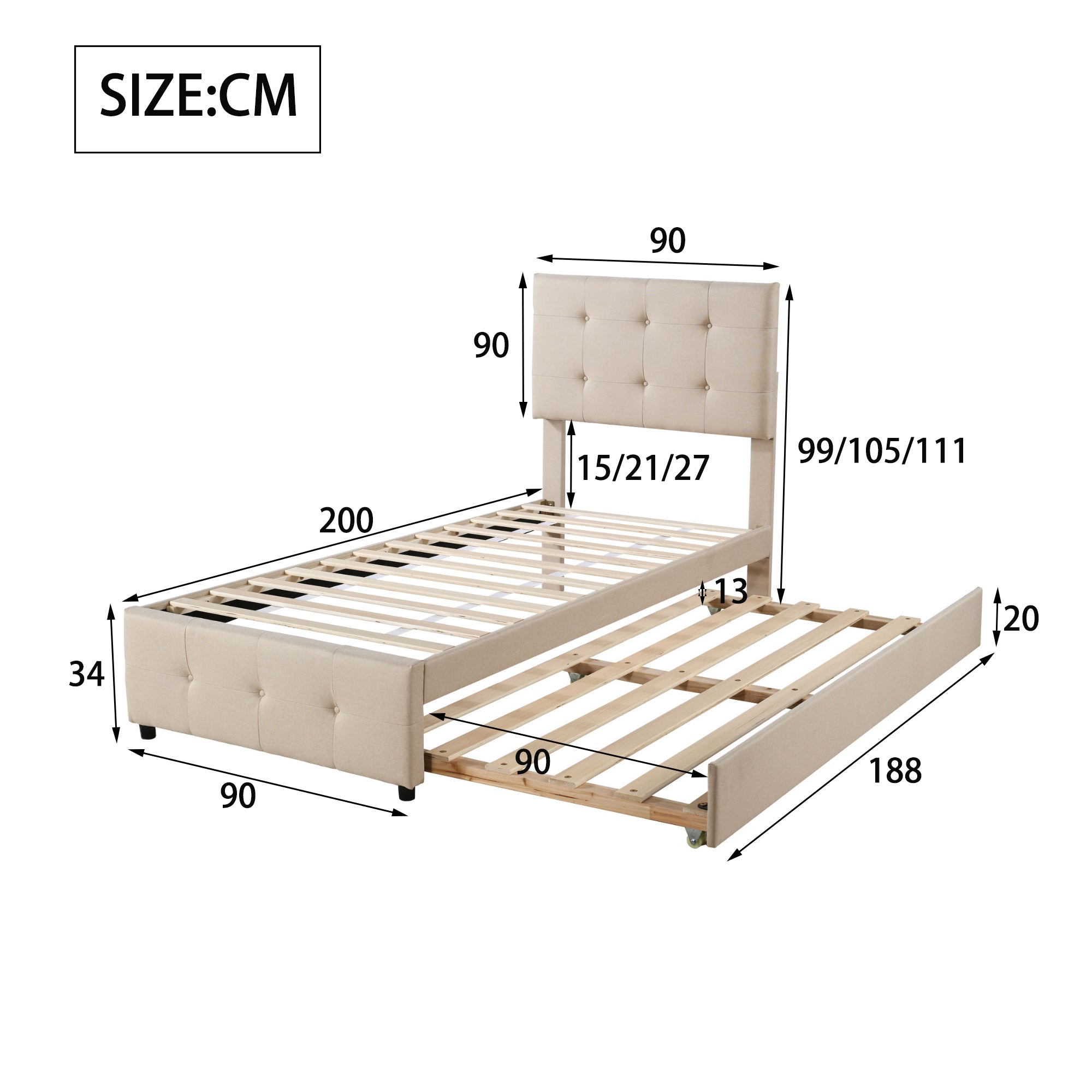 Logidon gestoffeerd bed 90x200 beige uitschuifbaar bed