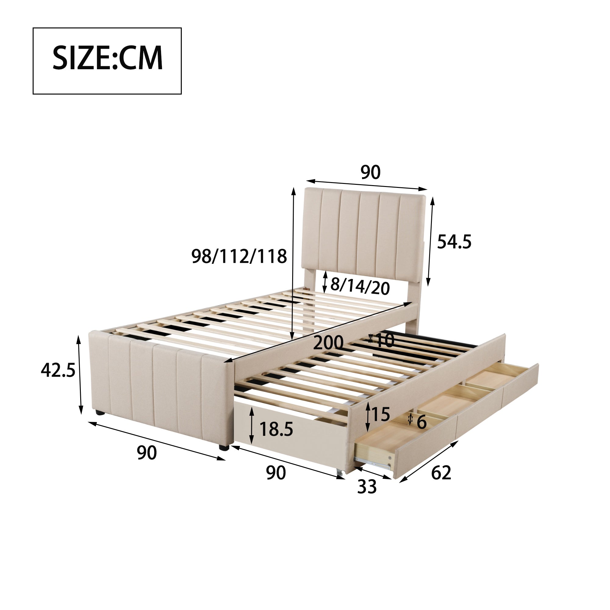 Logidon gestoffeerd bed 90x200 beige met onderschuifbed en opberglades