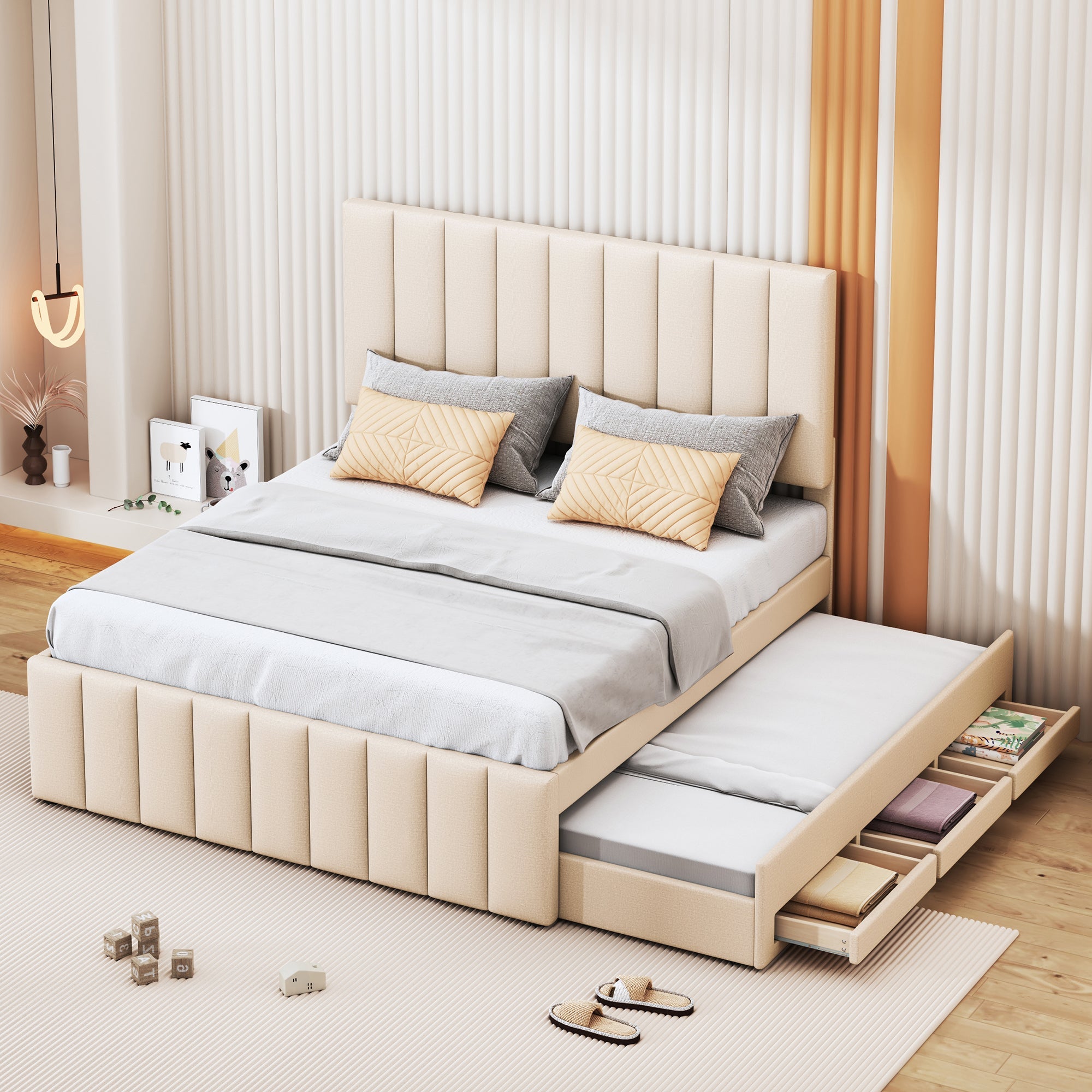 Logidon upholstered bed 140 x 200 cm beige with pull-out bed and drawers