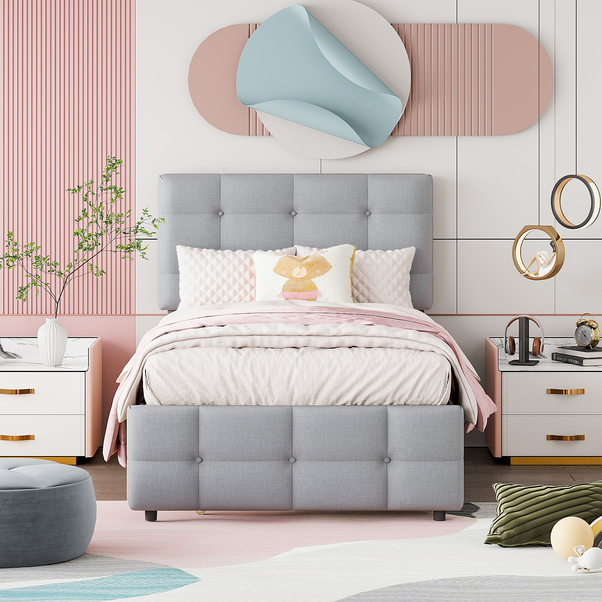 Logidon Upholstered Bed 90x200 Gray Extendable Bed Headboard Adjustable