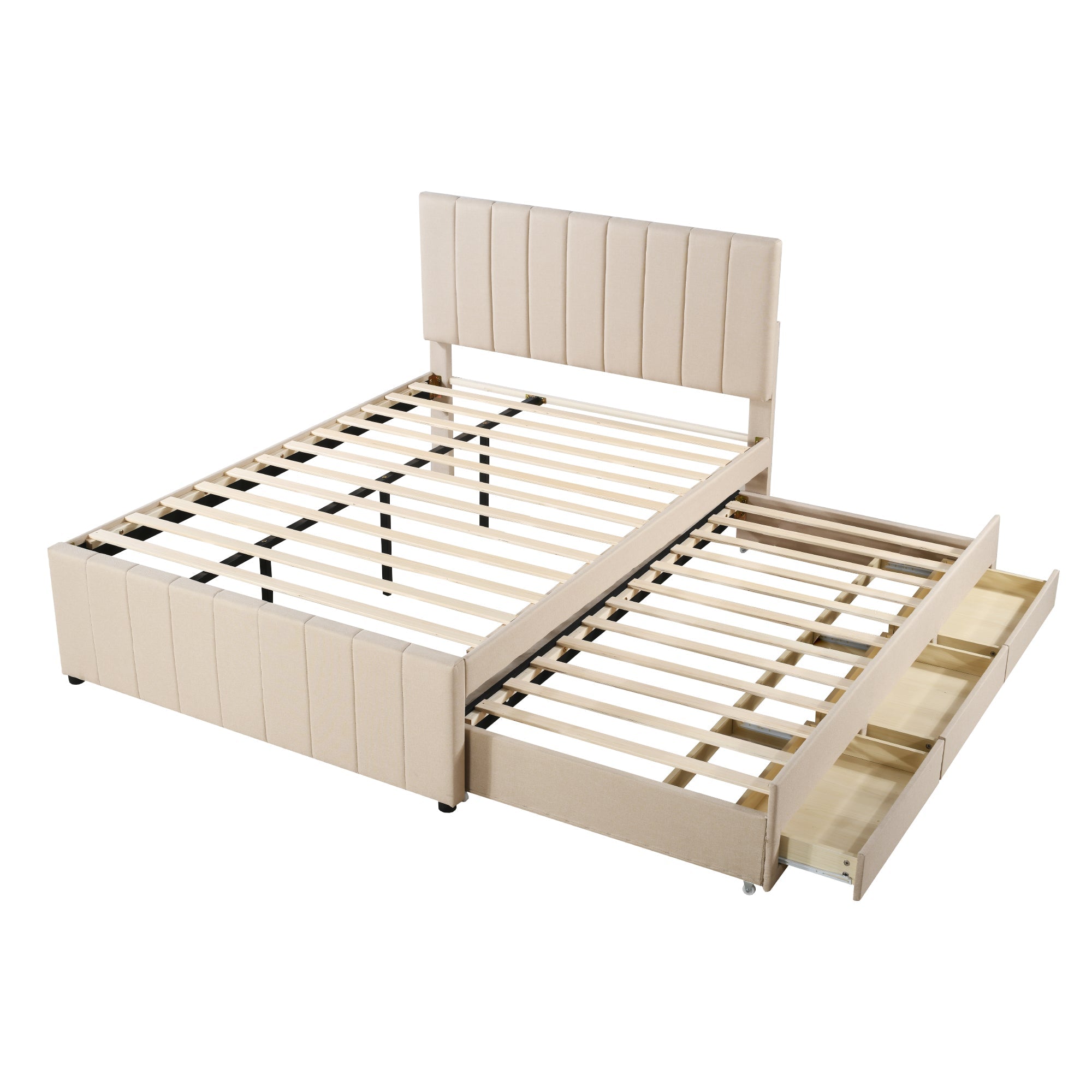 Logidon gestoffeerd bed 140 x 200 cm beige met uitschuifbaar bed en lades