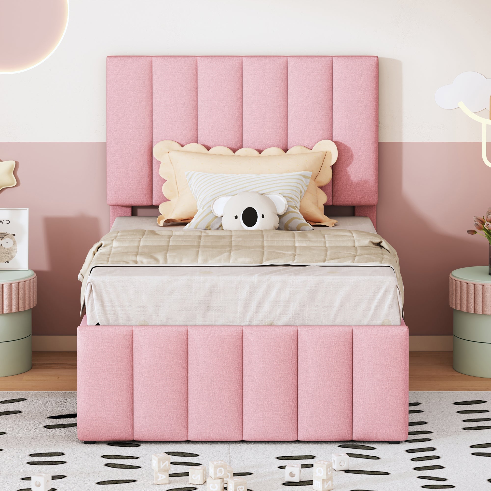Logidon gestoffeerd bed 90x200 roze met onderschuifbed en opberglades