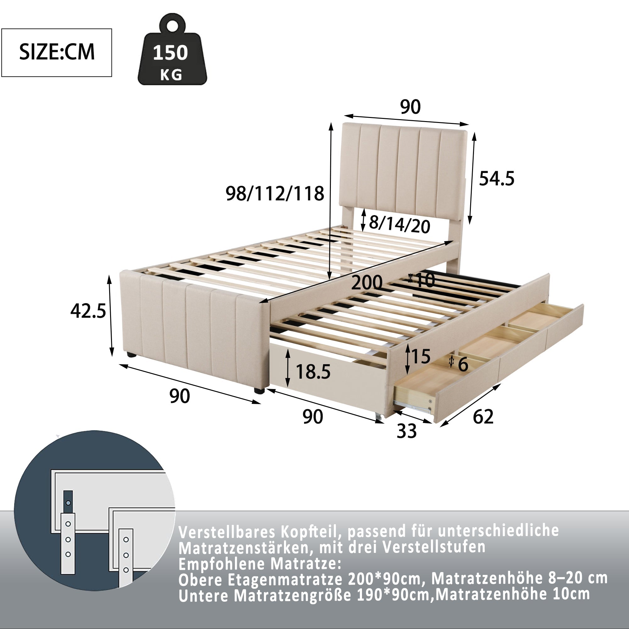 Logidon upholstered bed 90x200 beige with trundle bed and storage drawers