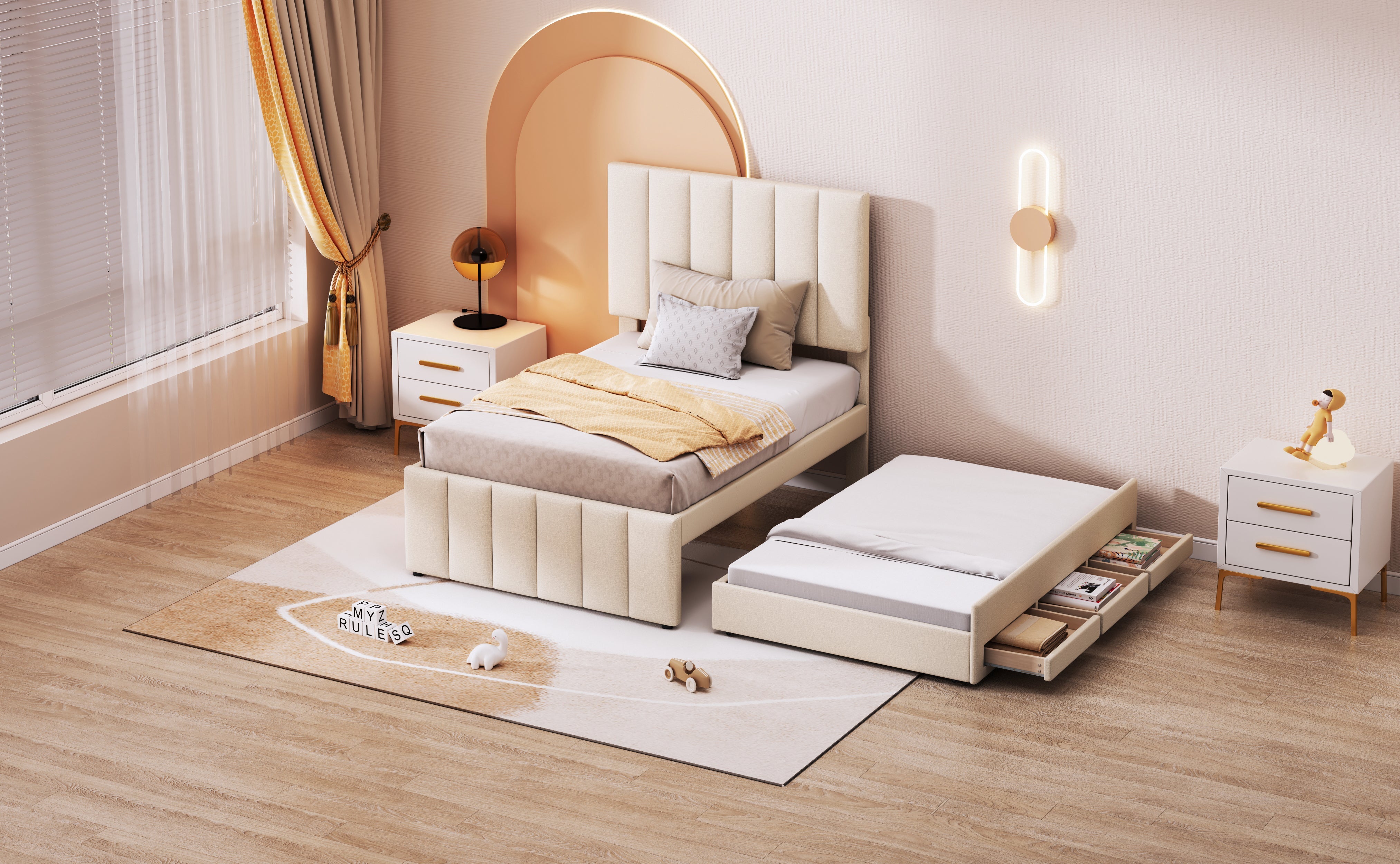 Logidon upholstered bed 90x200 beige with trundle bed and storage drawers
