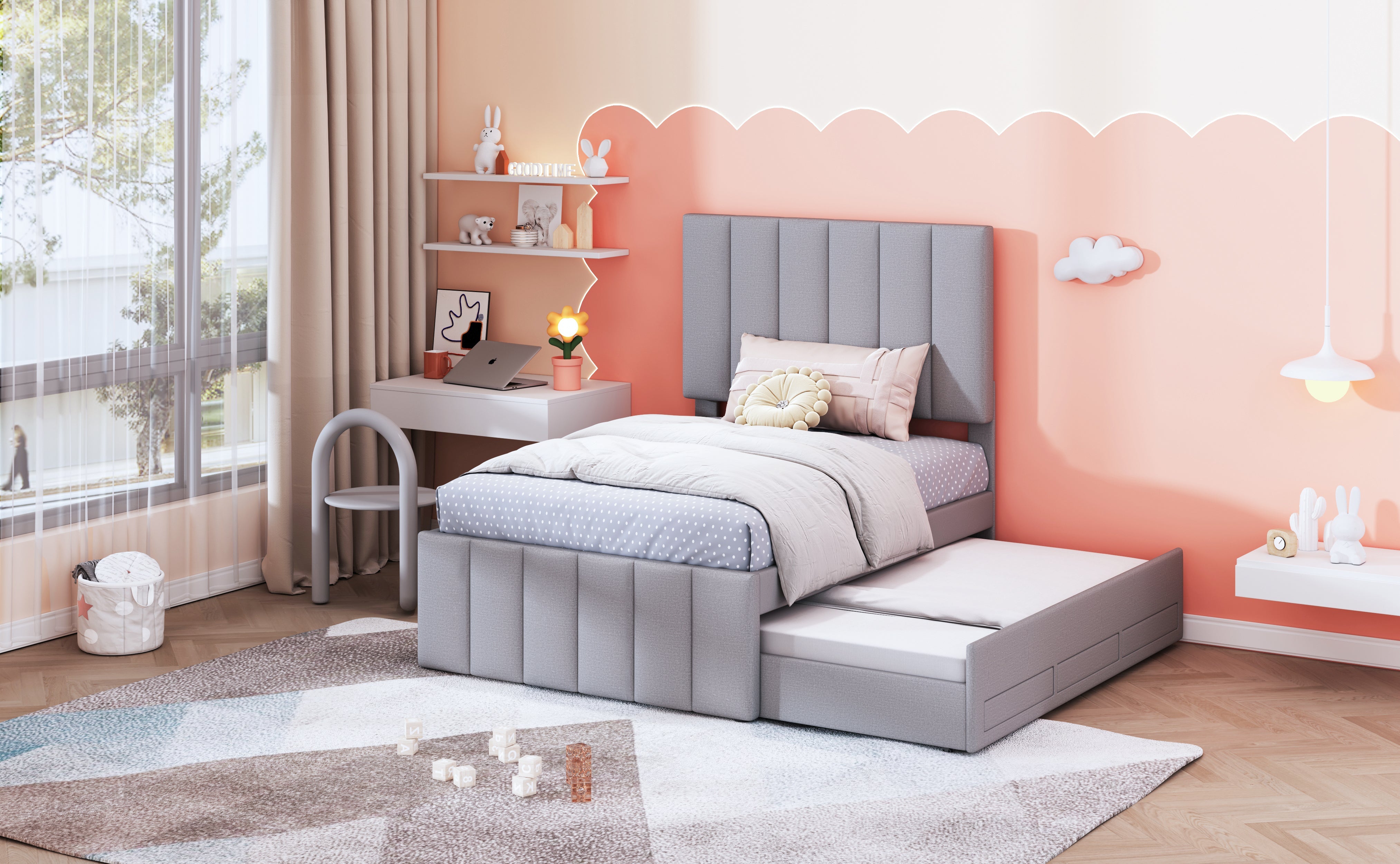 Logidon gestoffeerd bed 90x200 cm met onderschuifbed en opbergruimte grijs