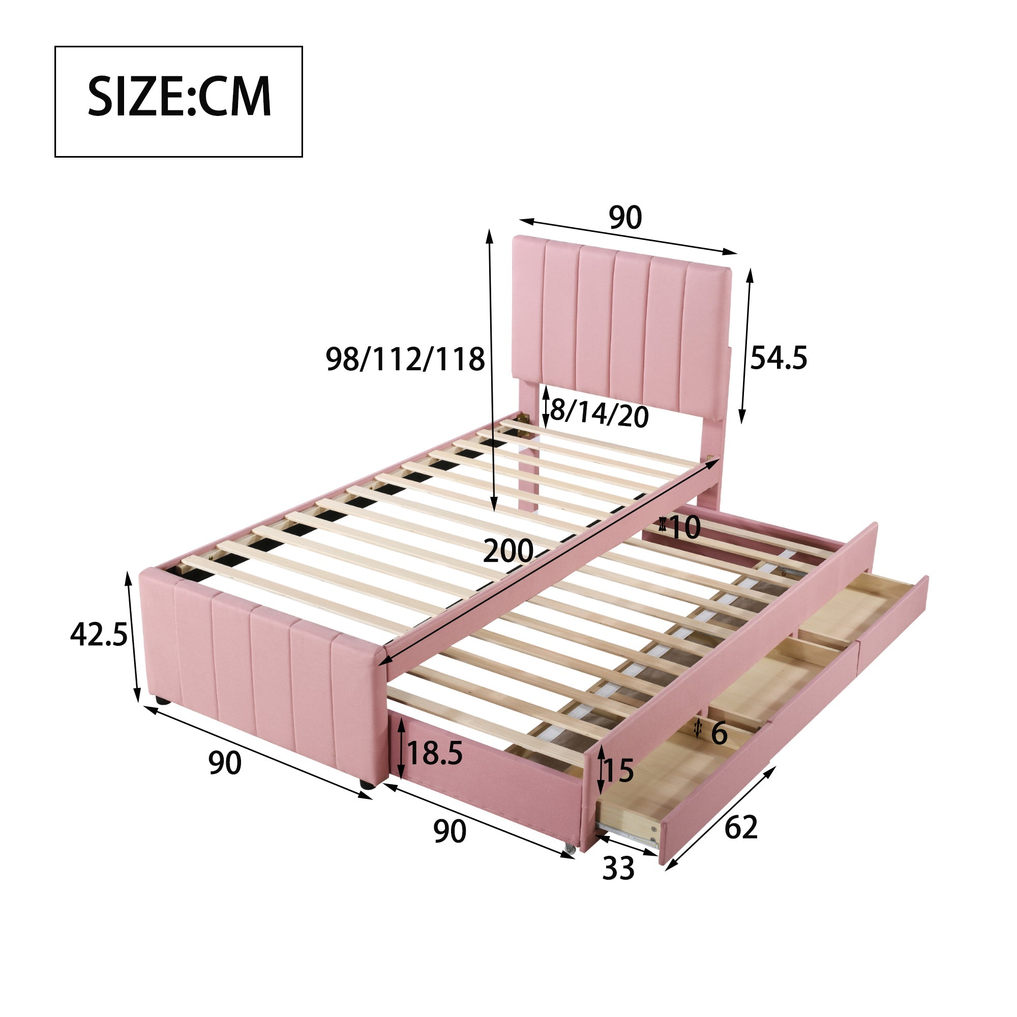 Logidon gestoffeerd bed 90x200 roze met onderschuifbed en opberglades