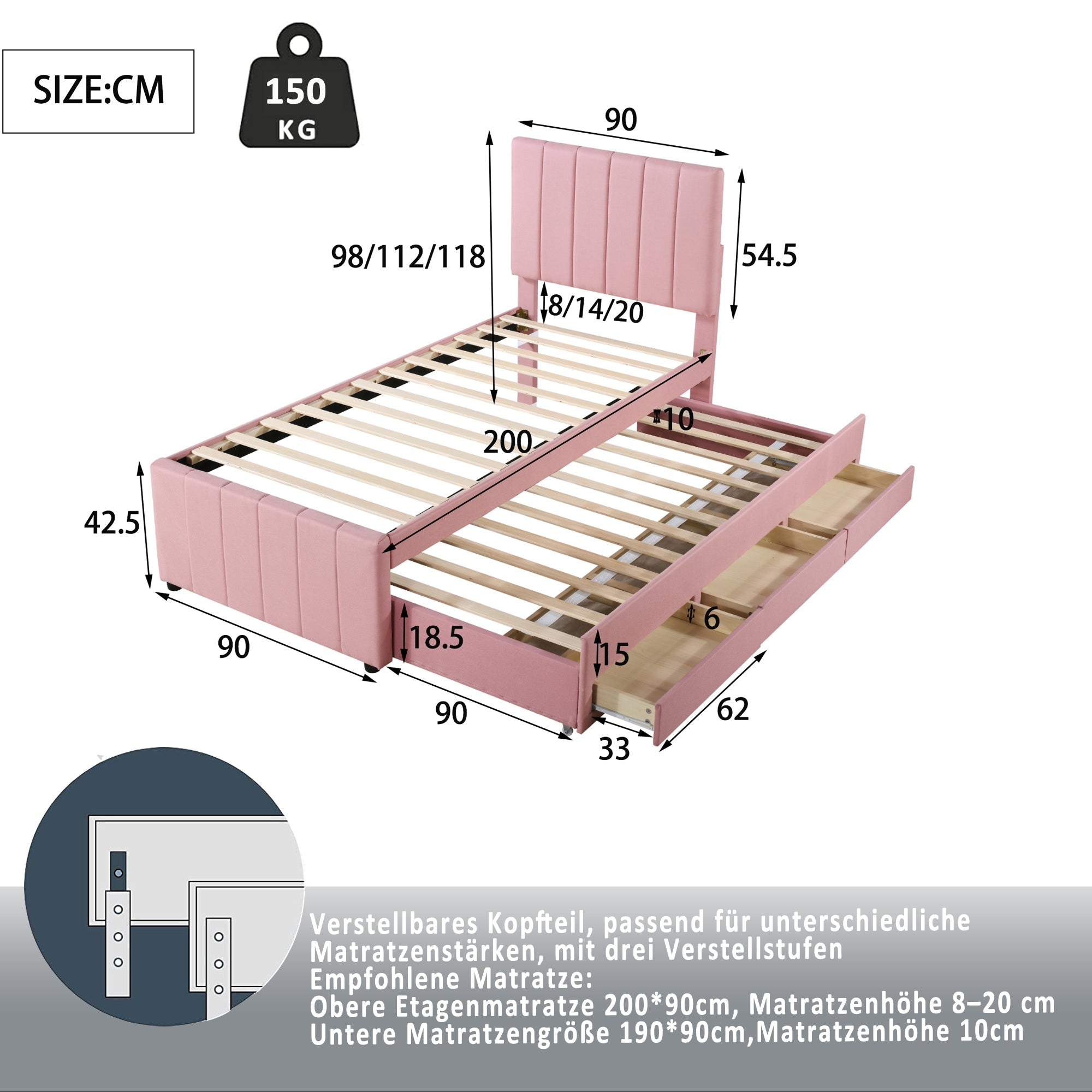 Logidon gestoffeerd bed 90x200 roze met onderschuifbed en opberglades