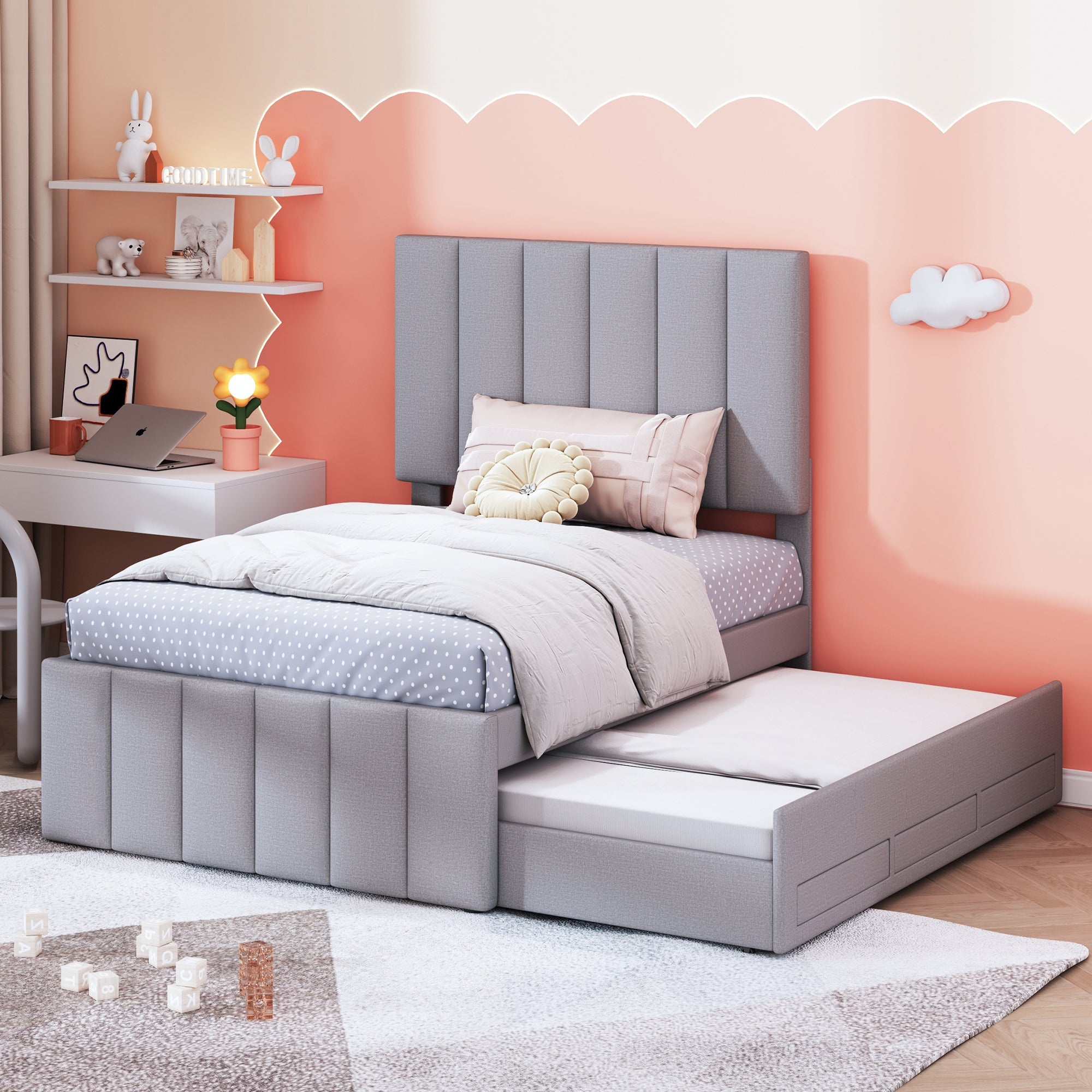 Logidon gestoffeerd bed 90x200 cm met onderschuifbed en opbergruimte grijs