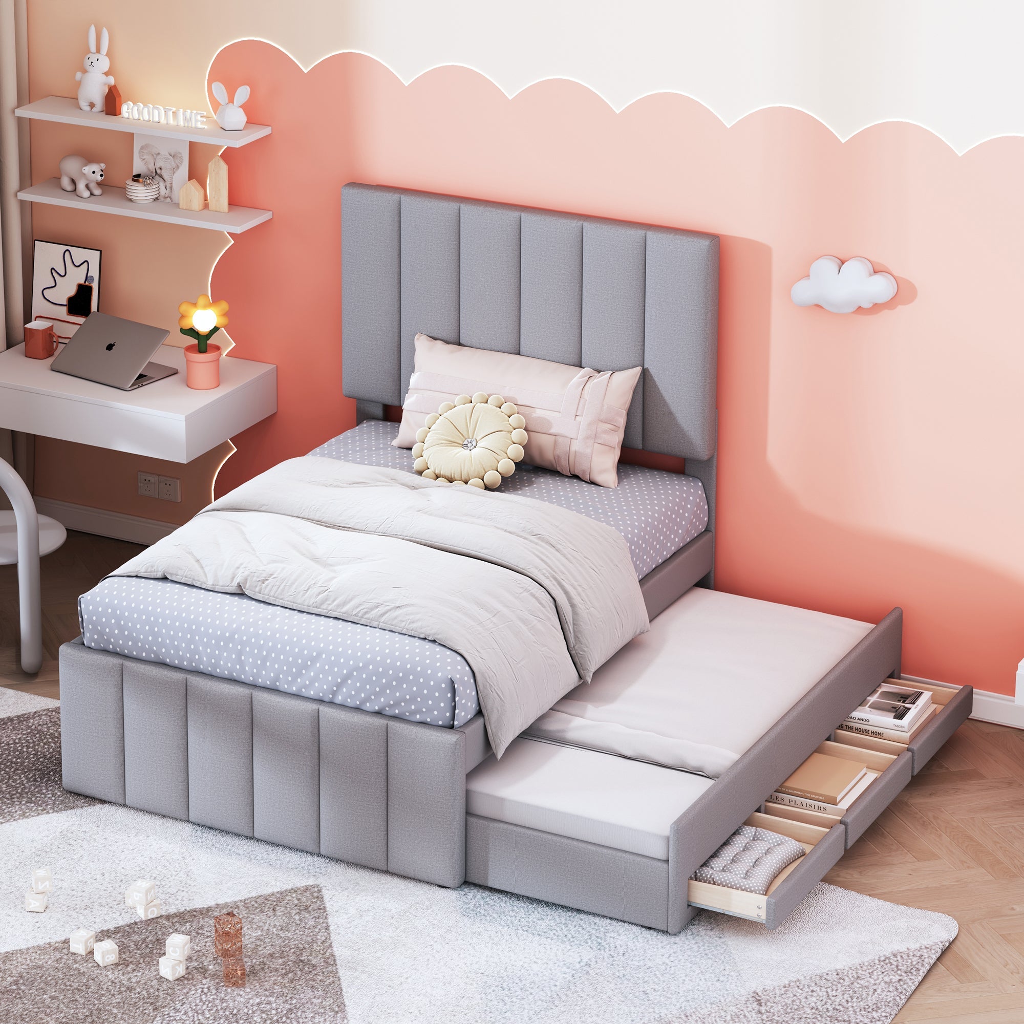 Logidon gestoffeerd bed 90x200 cm met onderschuifbed en opbergruimte grijs