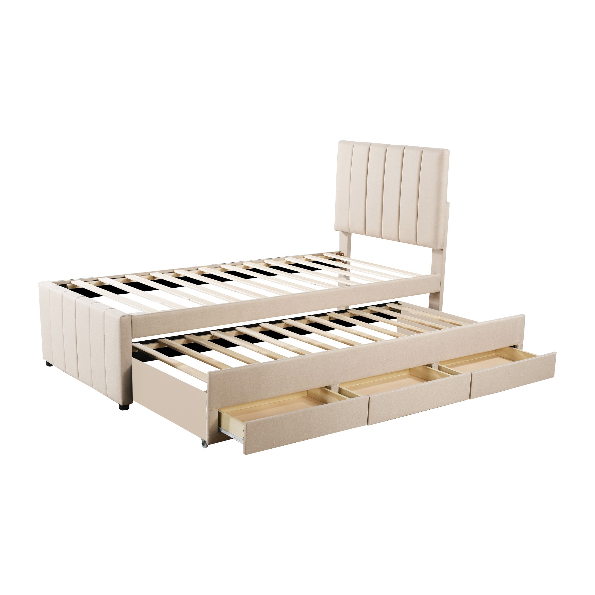 Logidon upholstered bed 90x200 beige with trundle bed and storage drawers