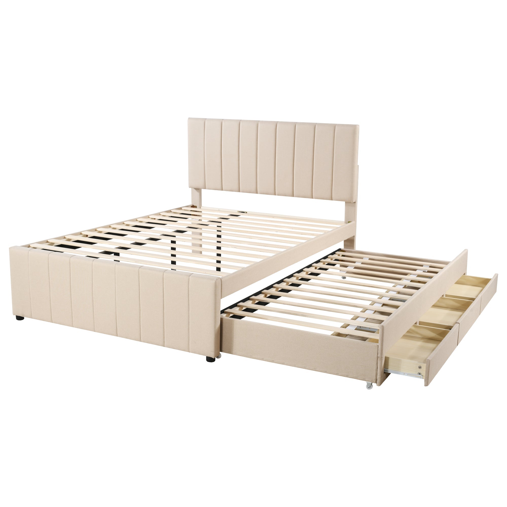 Logidon upholstered bed 140 x 200 cm beige with pull-out bed and drawers