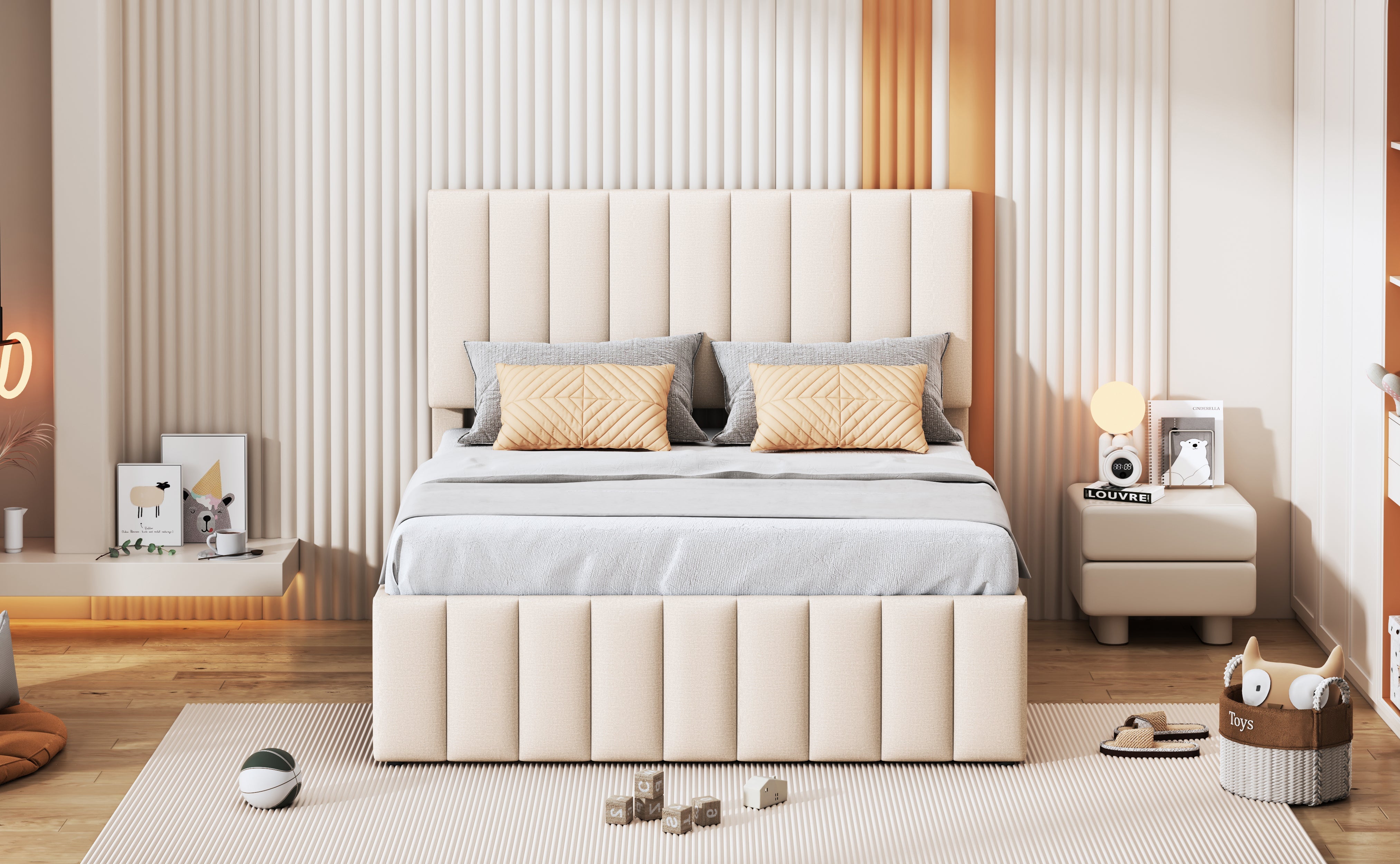 Logidon upholstered bed 140 x 200 cm beige with pull-out bed and drawers