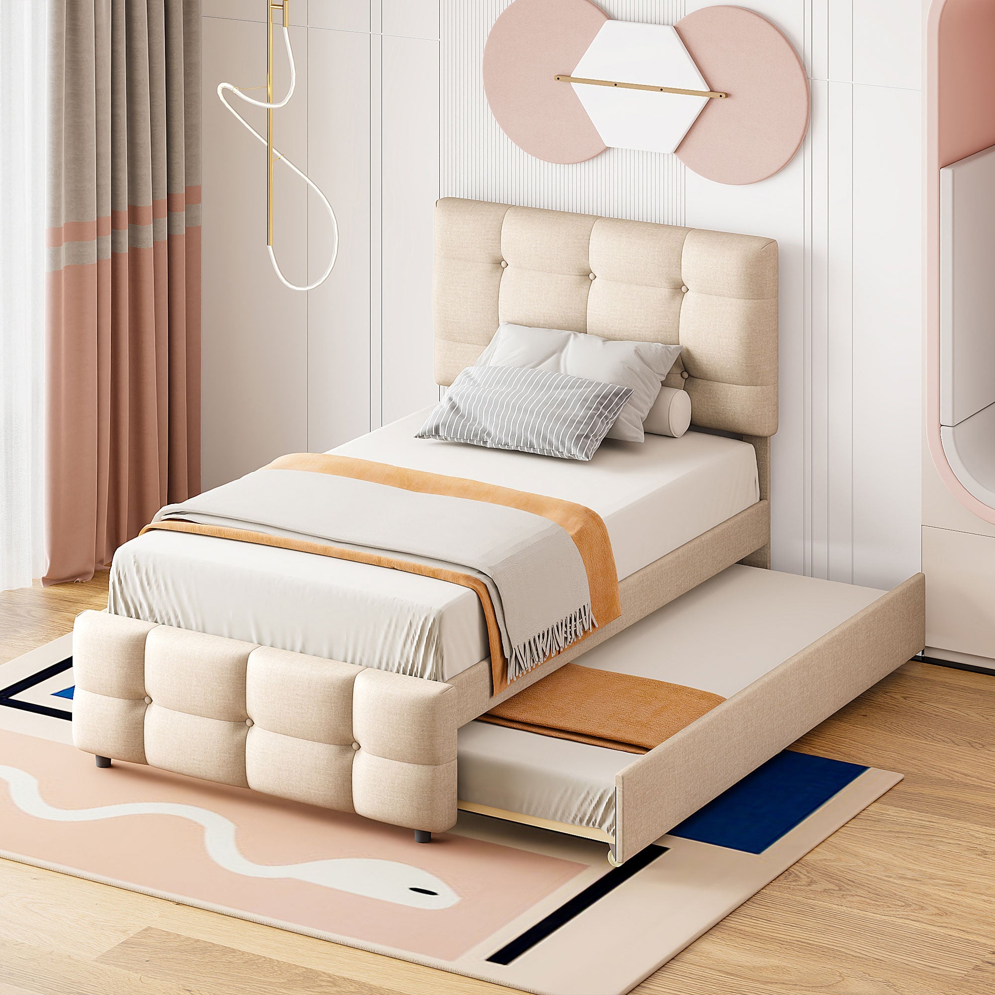 Logidon gestoffeerd bed 90x200 beige uitschuifbaar bed