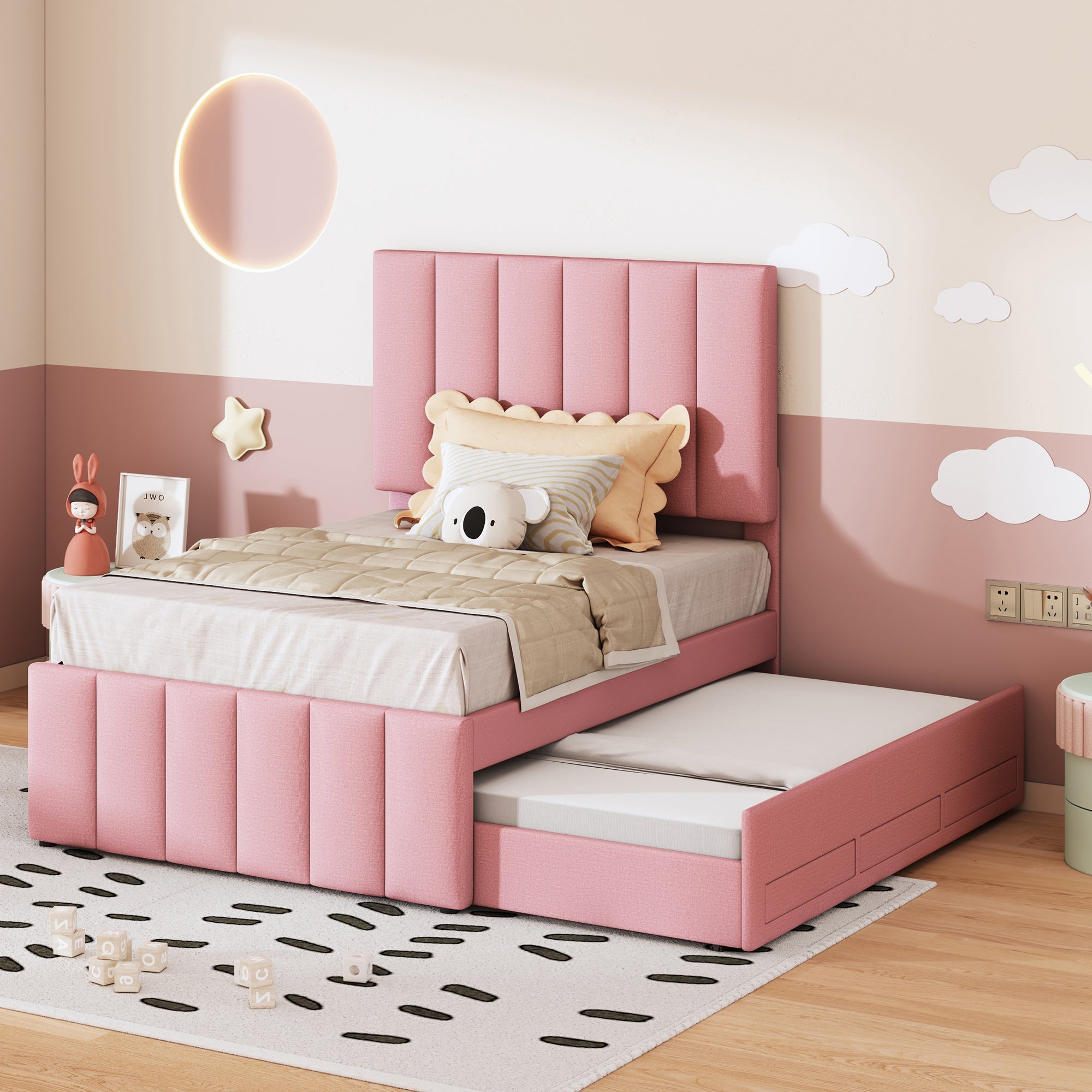 Logidon gestoffeerd bed 90x200 roze met onderschuifbed en opberglades