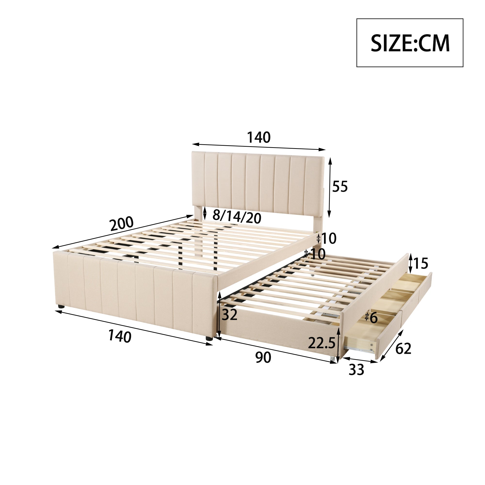 Logidon gestoffeerd bed 140 x 200 cm beige met uitschuifbaar bed en lades