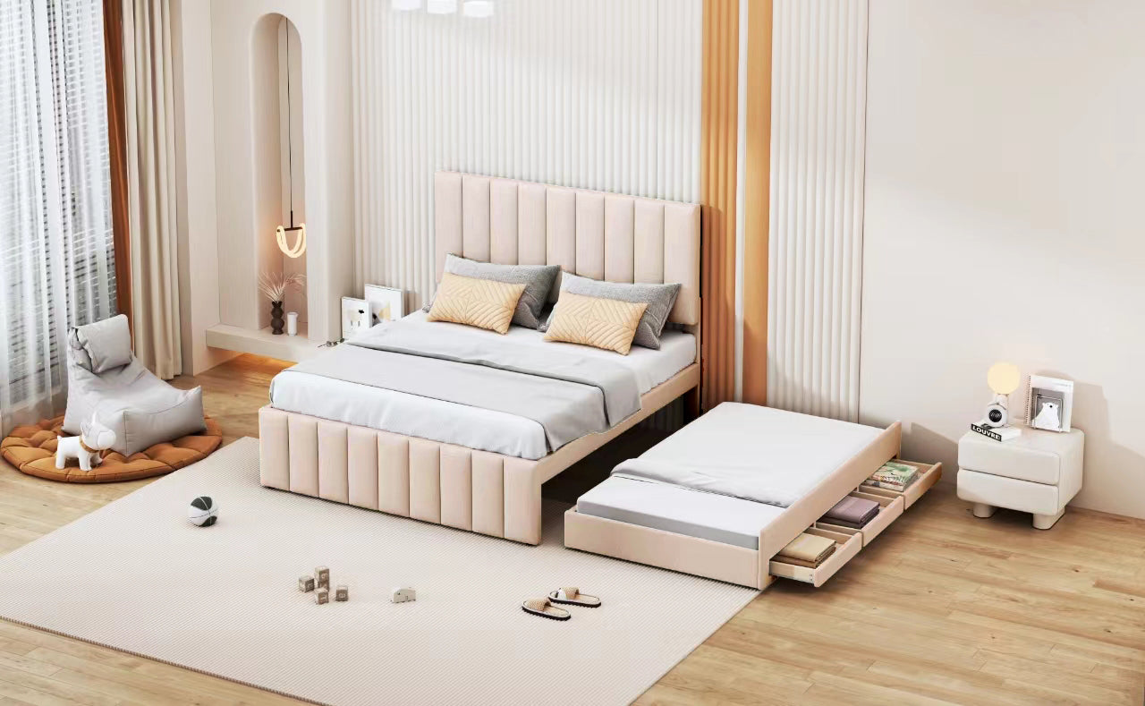 Logidon upholstered bed 140 x 200 cm beige with pull-out bed and drawers