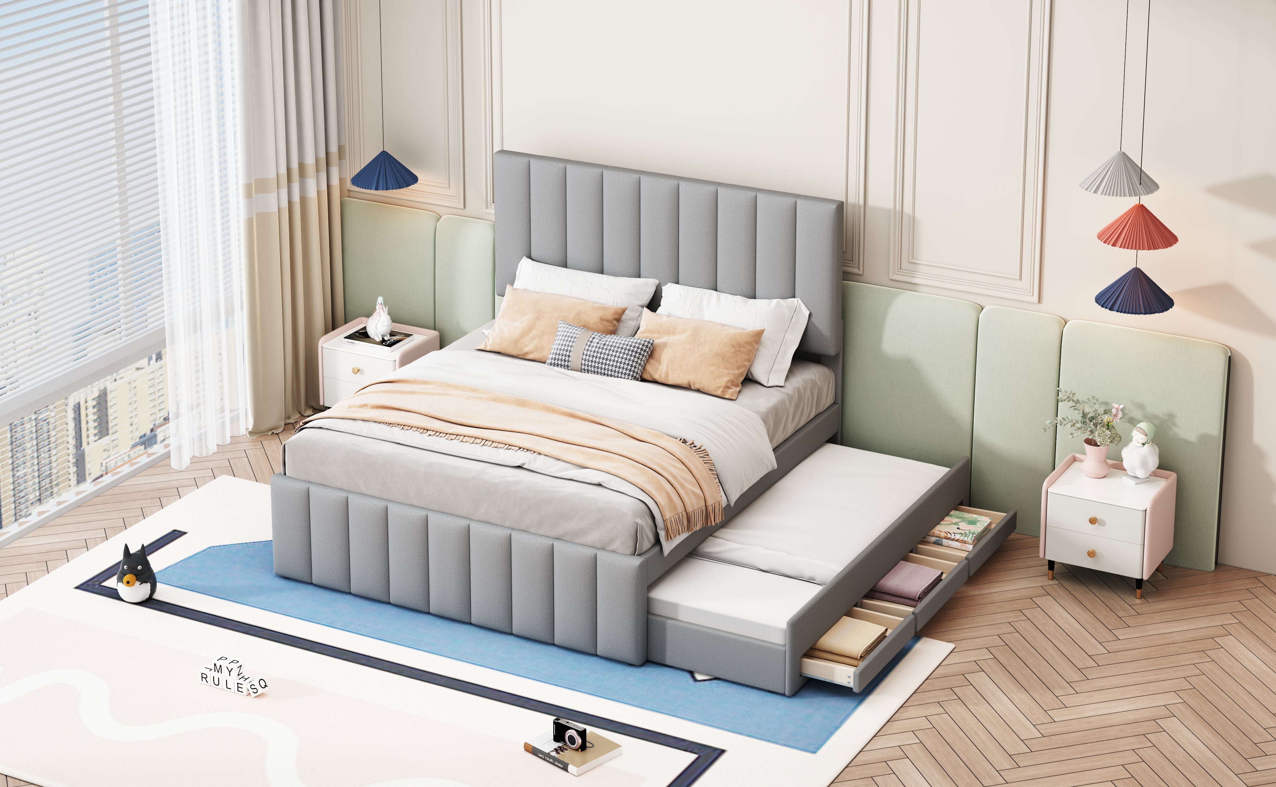 Logidon gestoffeerd bed 140 x 200 cm met uitschuifbaar bed en lades grijs