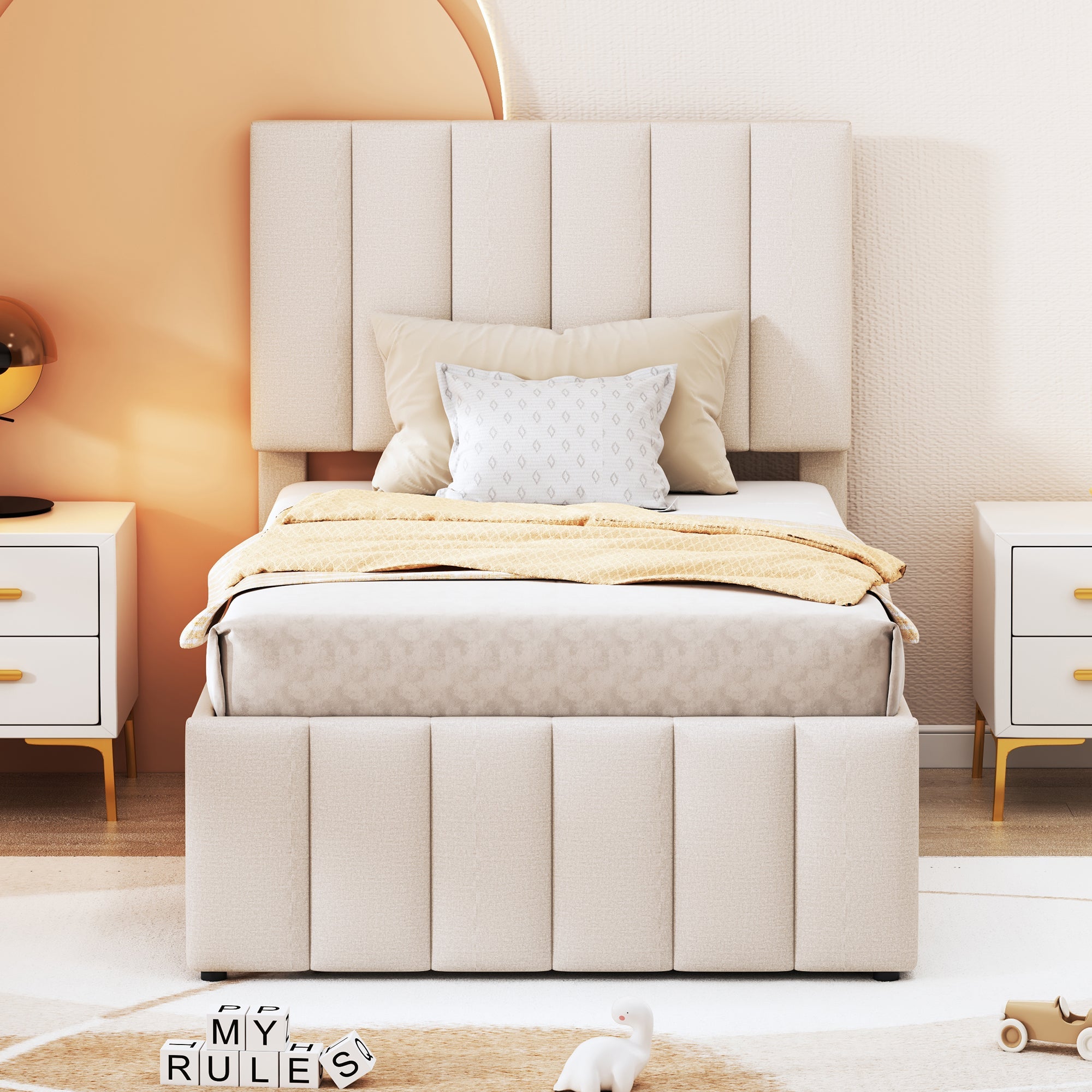 Logidon upholstered bed 90x200 beige with trundle bed and storage drawers