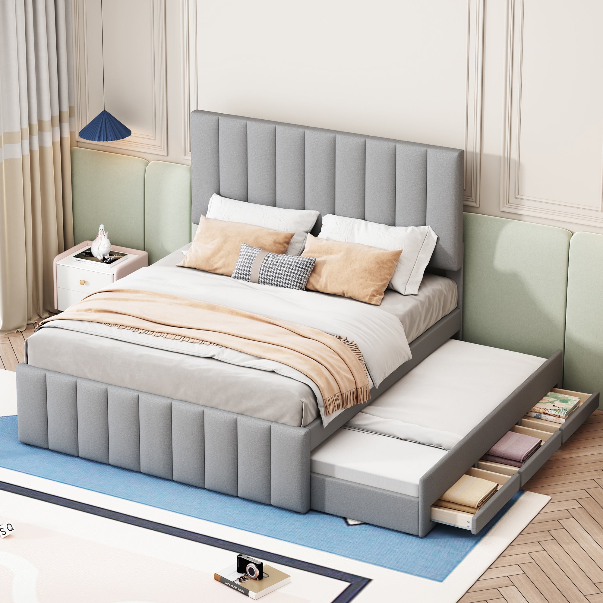 Logidon gestoffeerd bed 140 x 200 cm met uitschuifbaar bed en lades grijs
