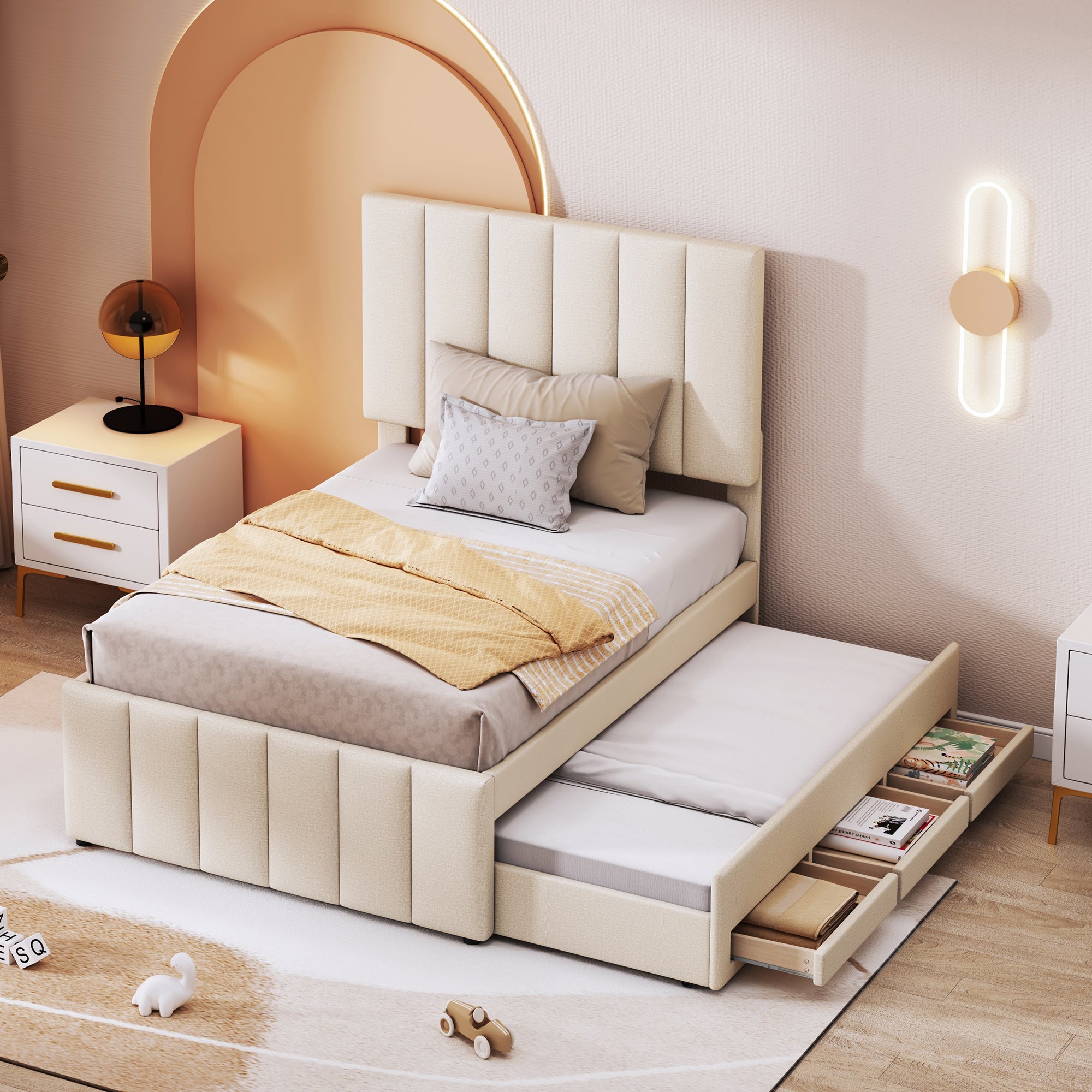 Logidon upholstered bed 90x200 beige with trundle bed and storage drawers