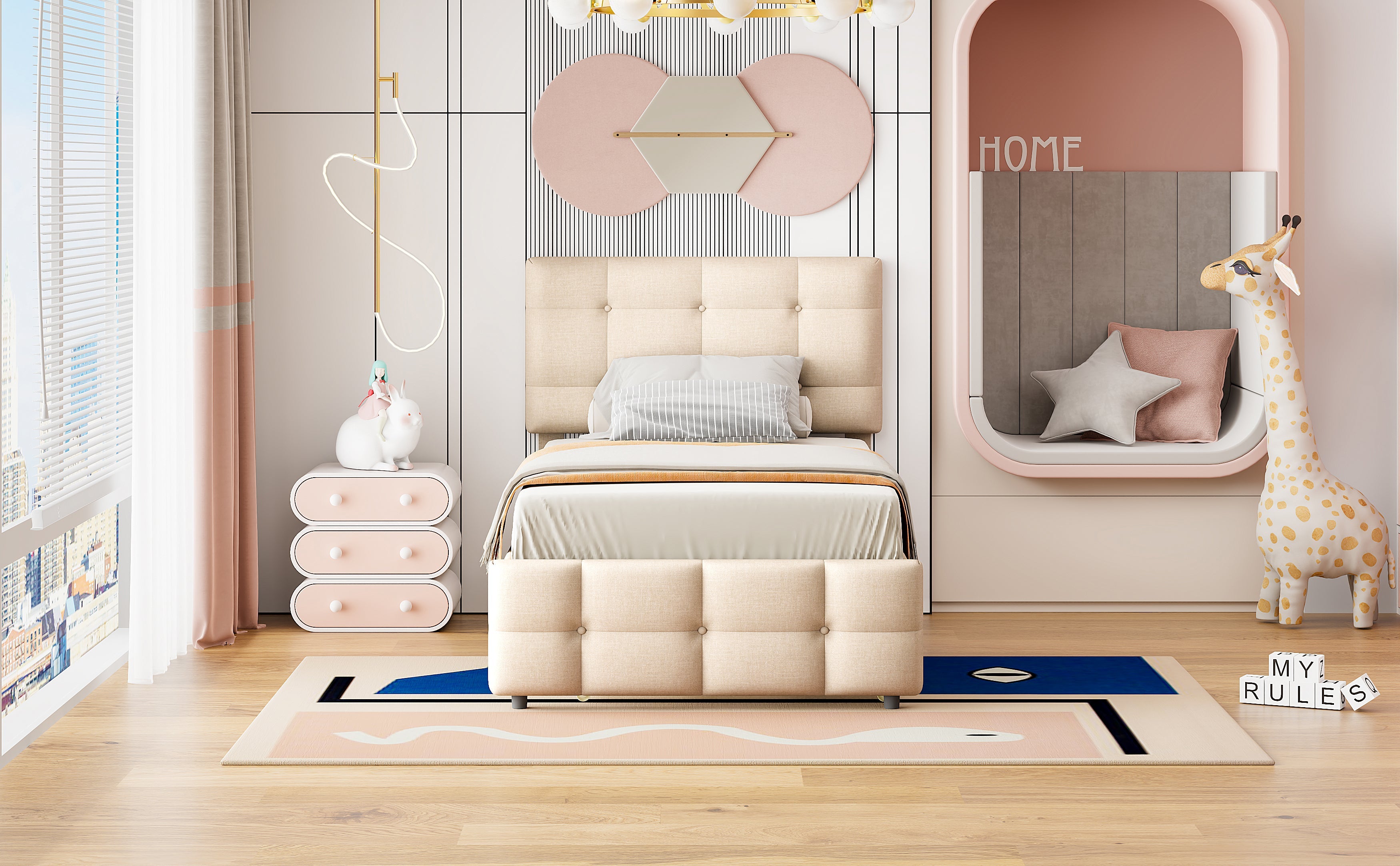 Logidon gestoffeerd bed 90x200 beige uitschuifbaar bed
