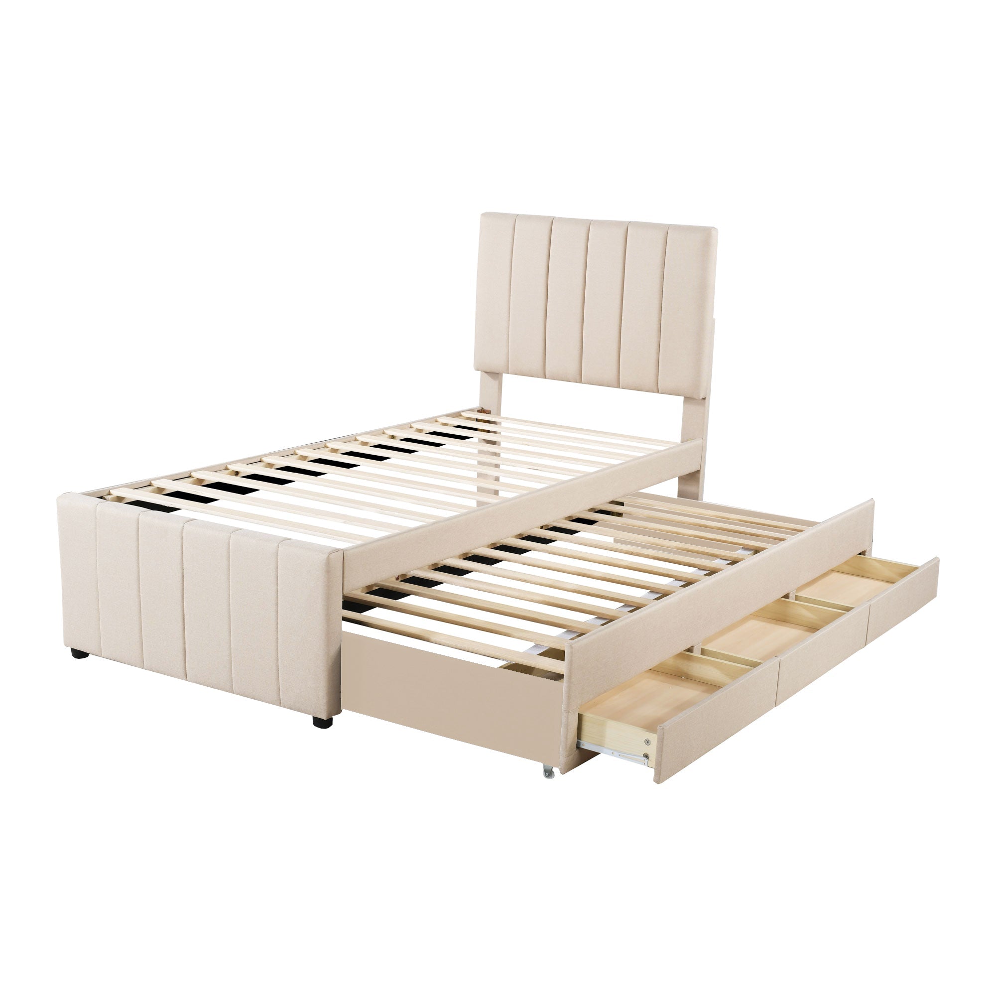 Logidon gestoffeerd bed 90x200 beige met onderschuifbed en opberglades
