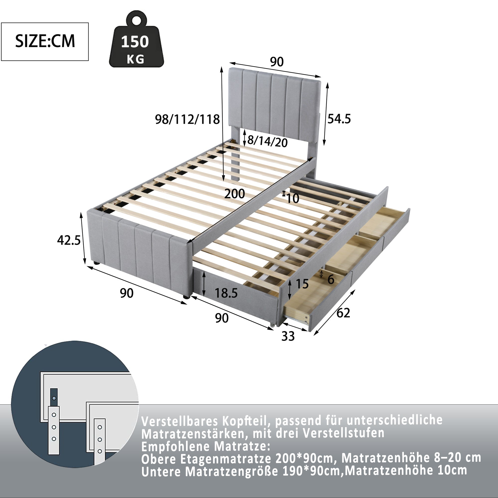 Logidon gestoffeerd bed 90x200 cm met onderschuifbed en opbergruimte grijs