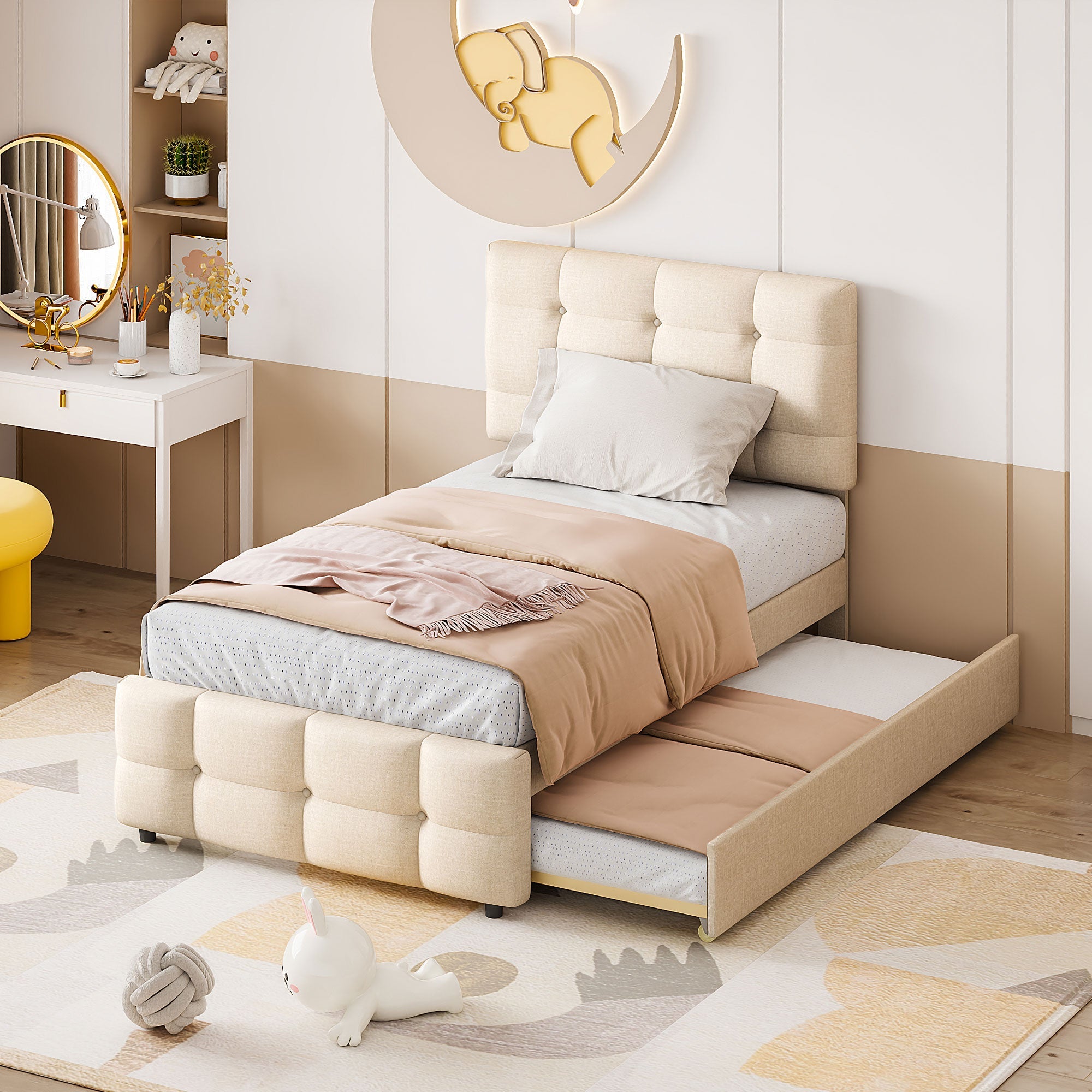 Logidon gestoffeerd bed 90x200 beige uitschuifbaar bed