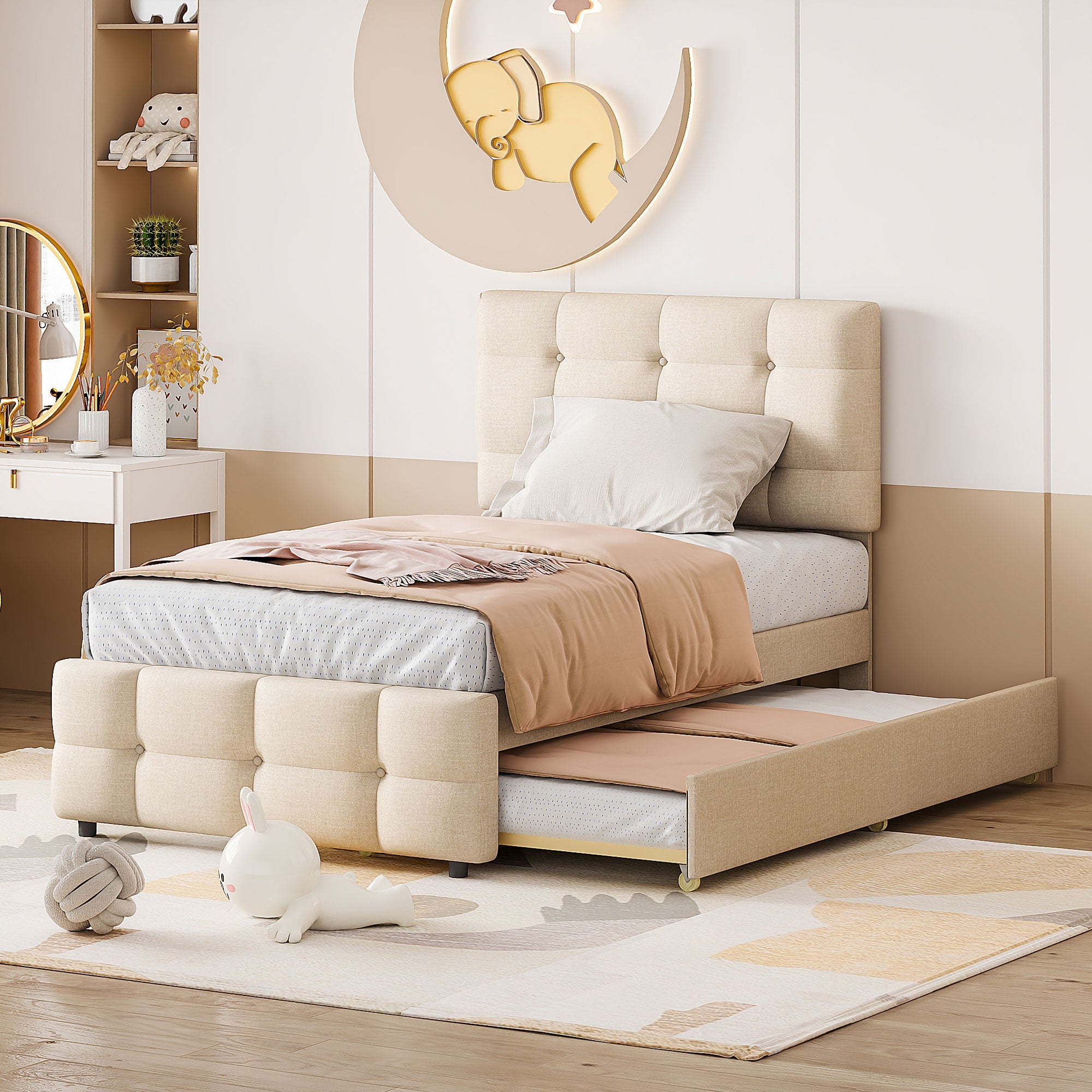 Logidon gestoffeerd bed 90x200 beige uitschuifbaar bed