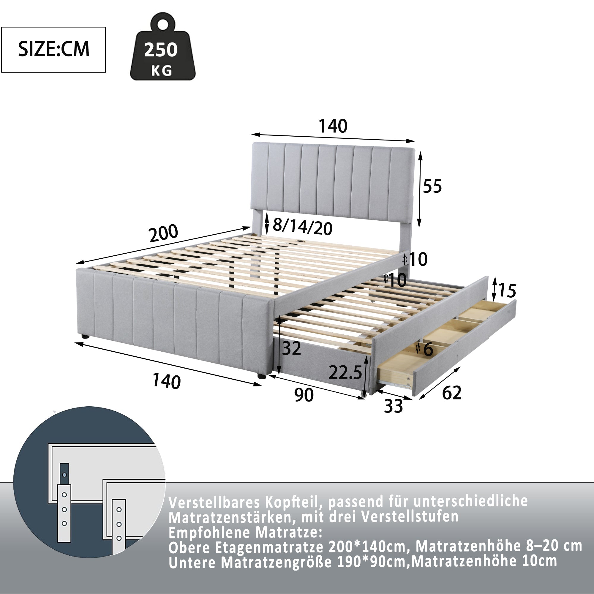 Logidon gestoffeerd bed 140 x 200 cm met uitschuifbaar bed en lades grijs