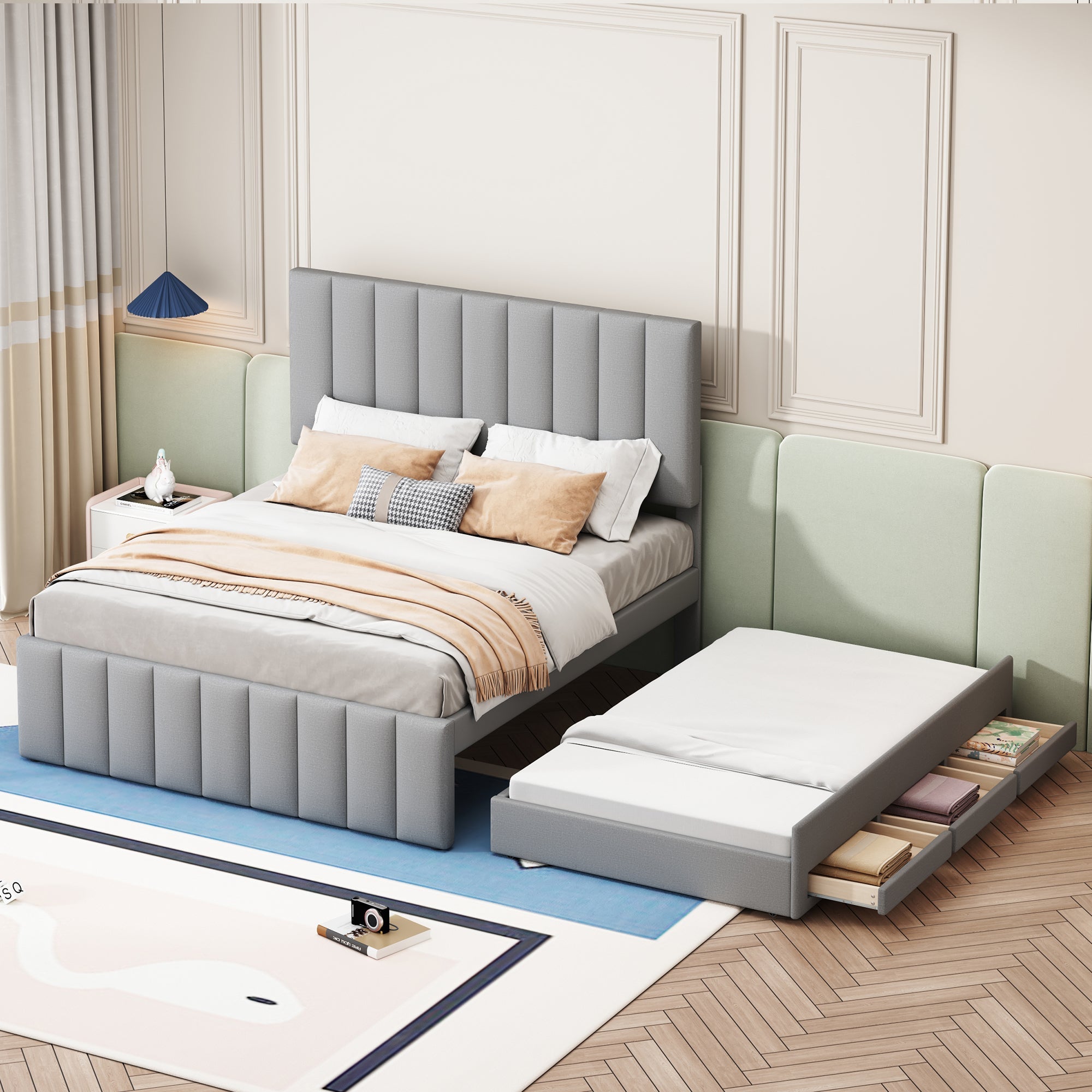 Logidon gestoffeerd bed 140 x 200 cm met uitschuifbaar bed en lades grijs