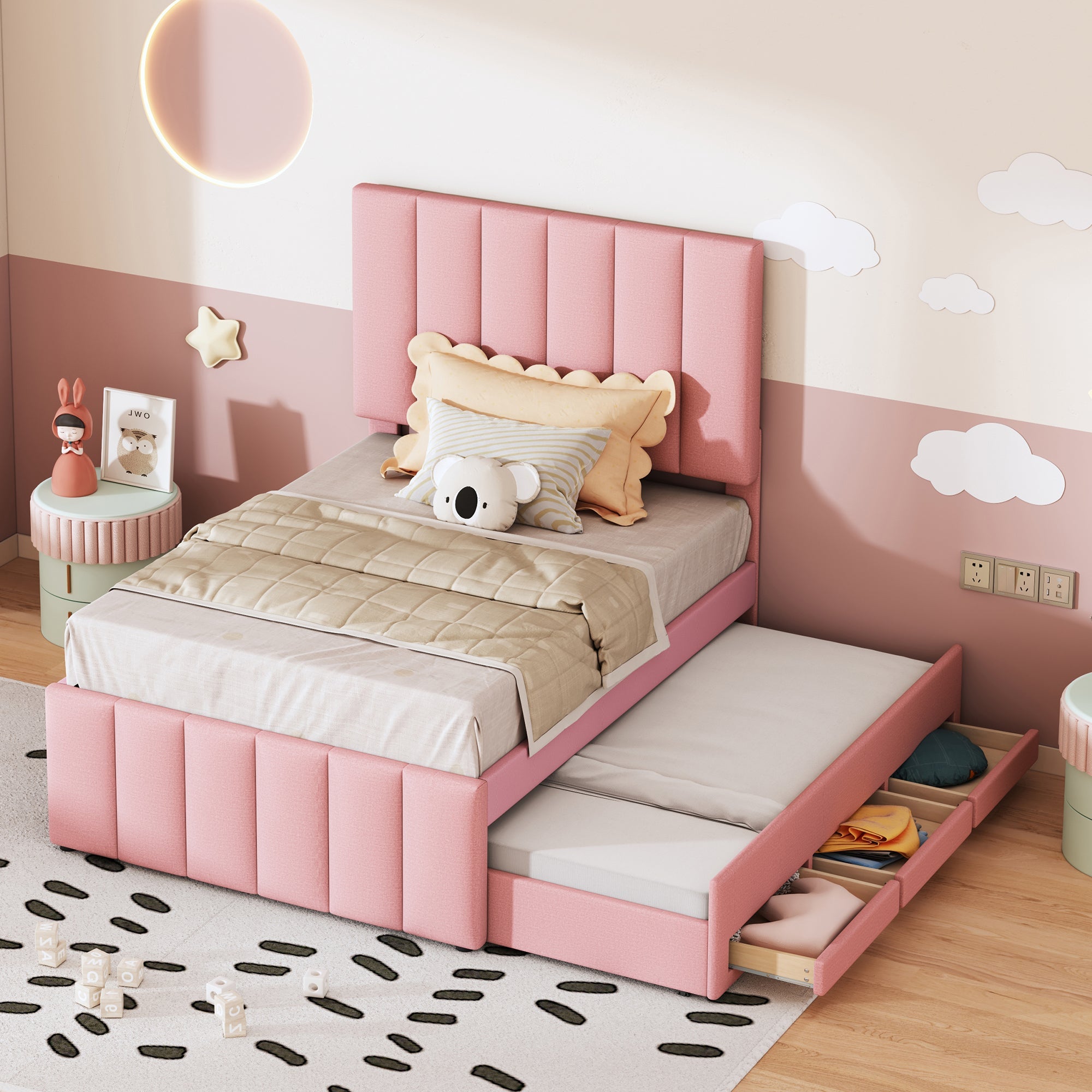 Logidon gestoffeerd bed 90x200 roze met onderschuifbed en opberglades
