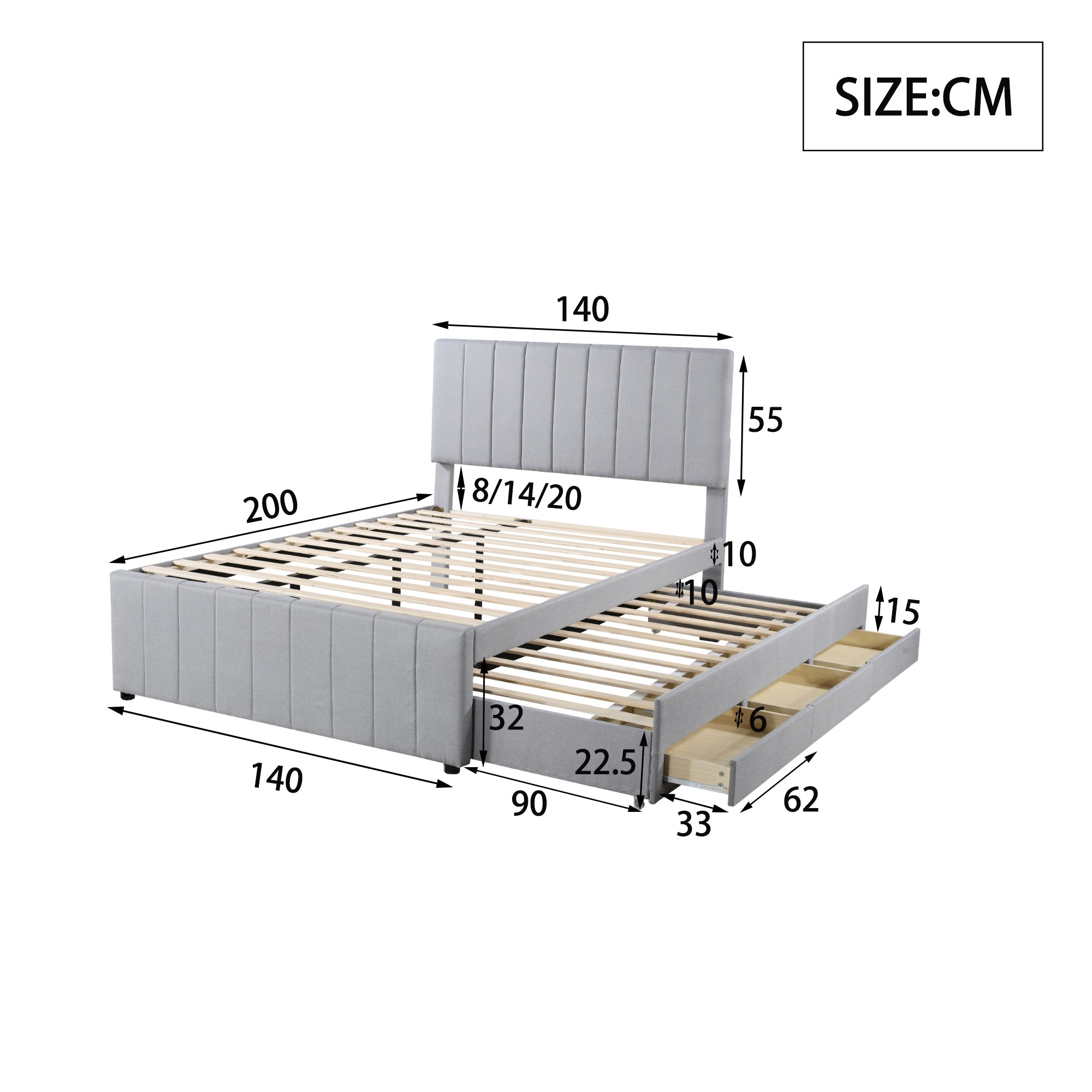 Logidon gestoffeerd bed 140 x 200 cm met uitschuifbaar bed en lades grijs