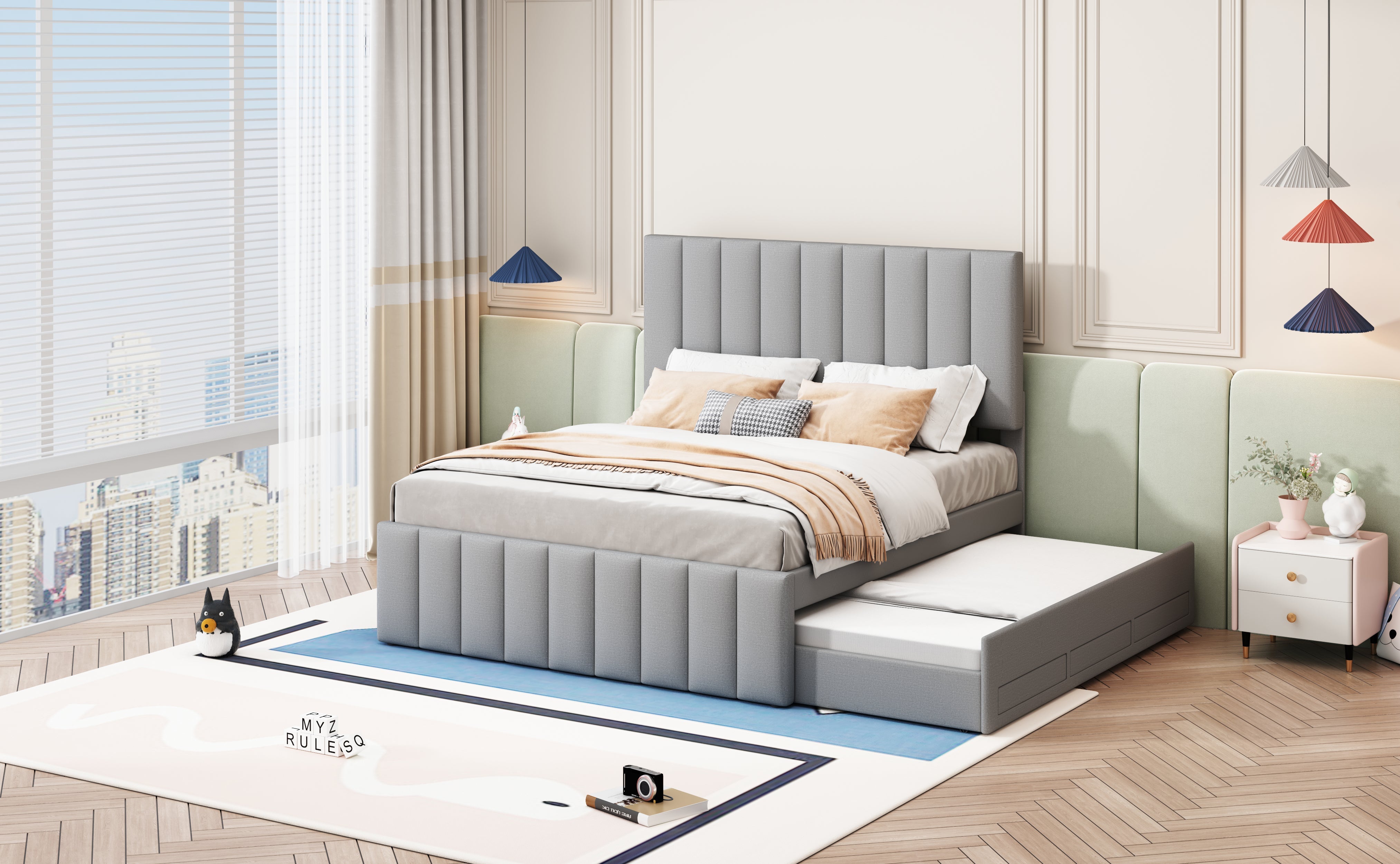 Logidon gestoffeerd bed 140 x 200 cm met uitschuifbaar bed en lades grijs