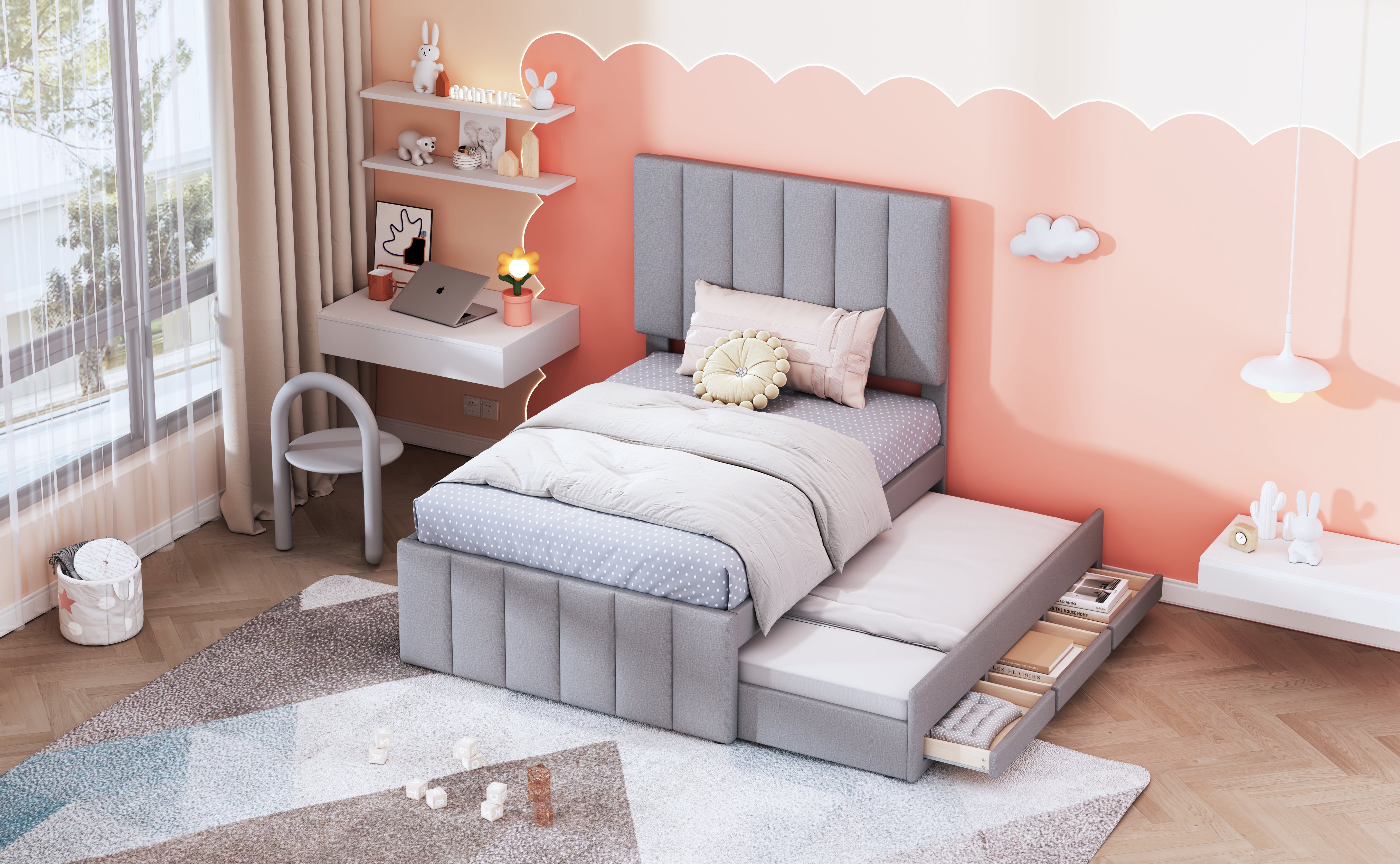Logidon gestoffeerd bed 90x200 cm met onderschuifbed en opbergruimte grijs