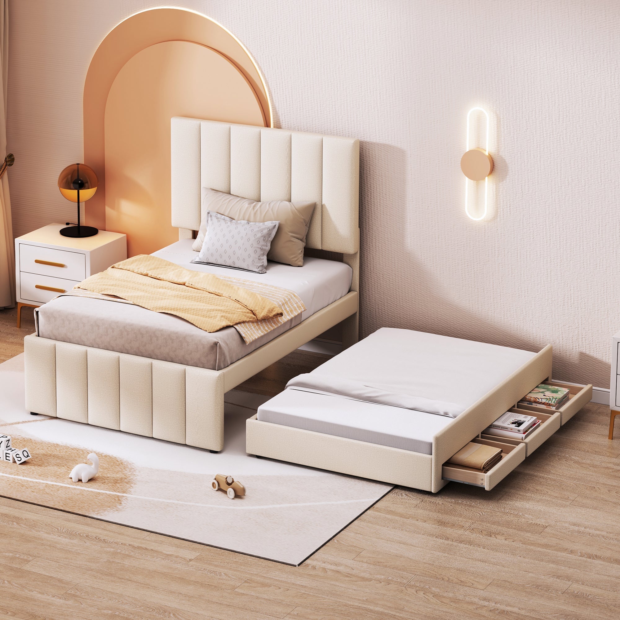 Logidon upholstered bed 90x200 beige with trundle bed and storage drawers