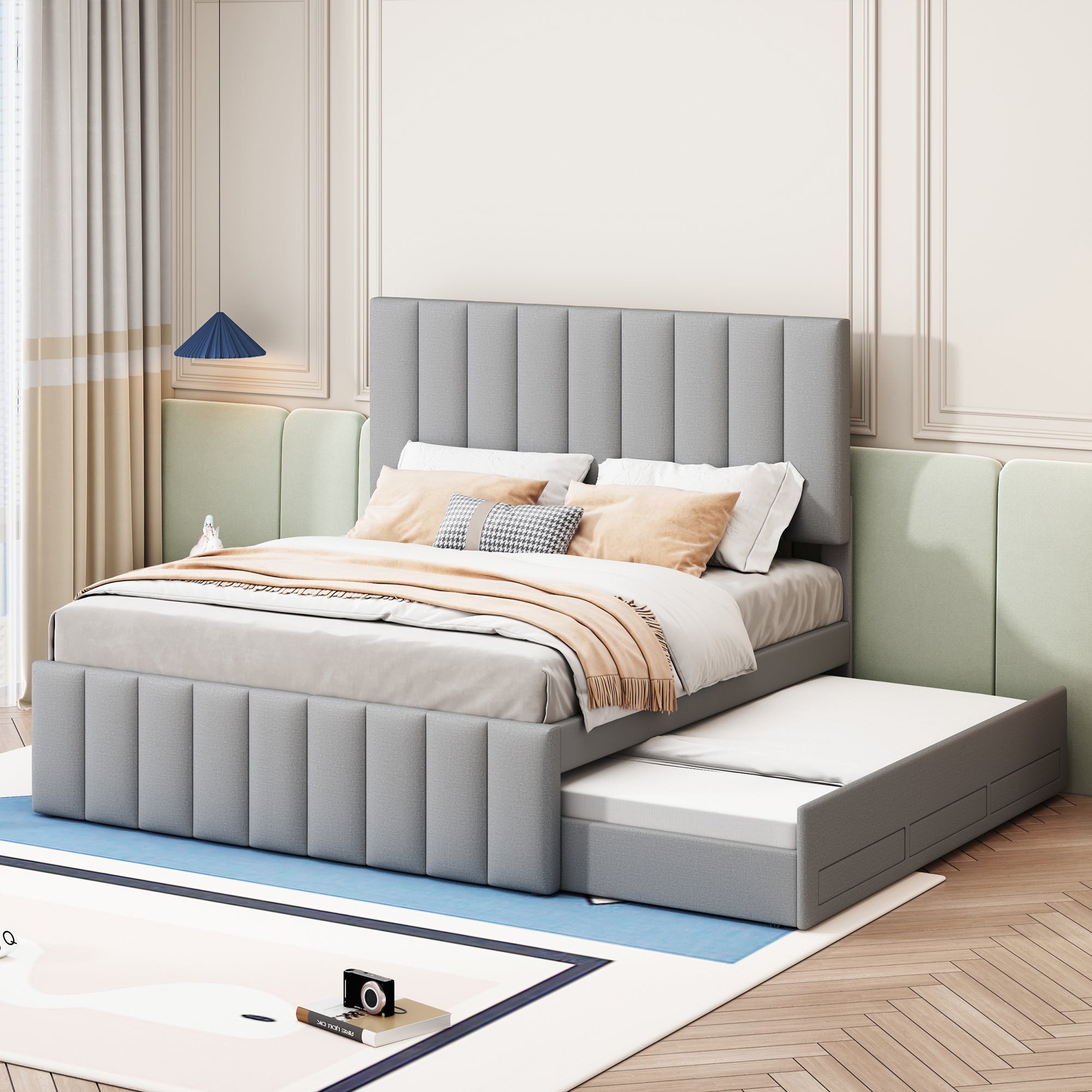 Logidon gestoffeerd bed 140 x 200 cm met uitschuifbaar bed en lades grijs