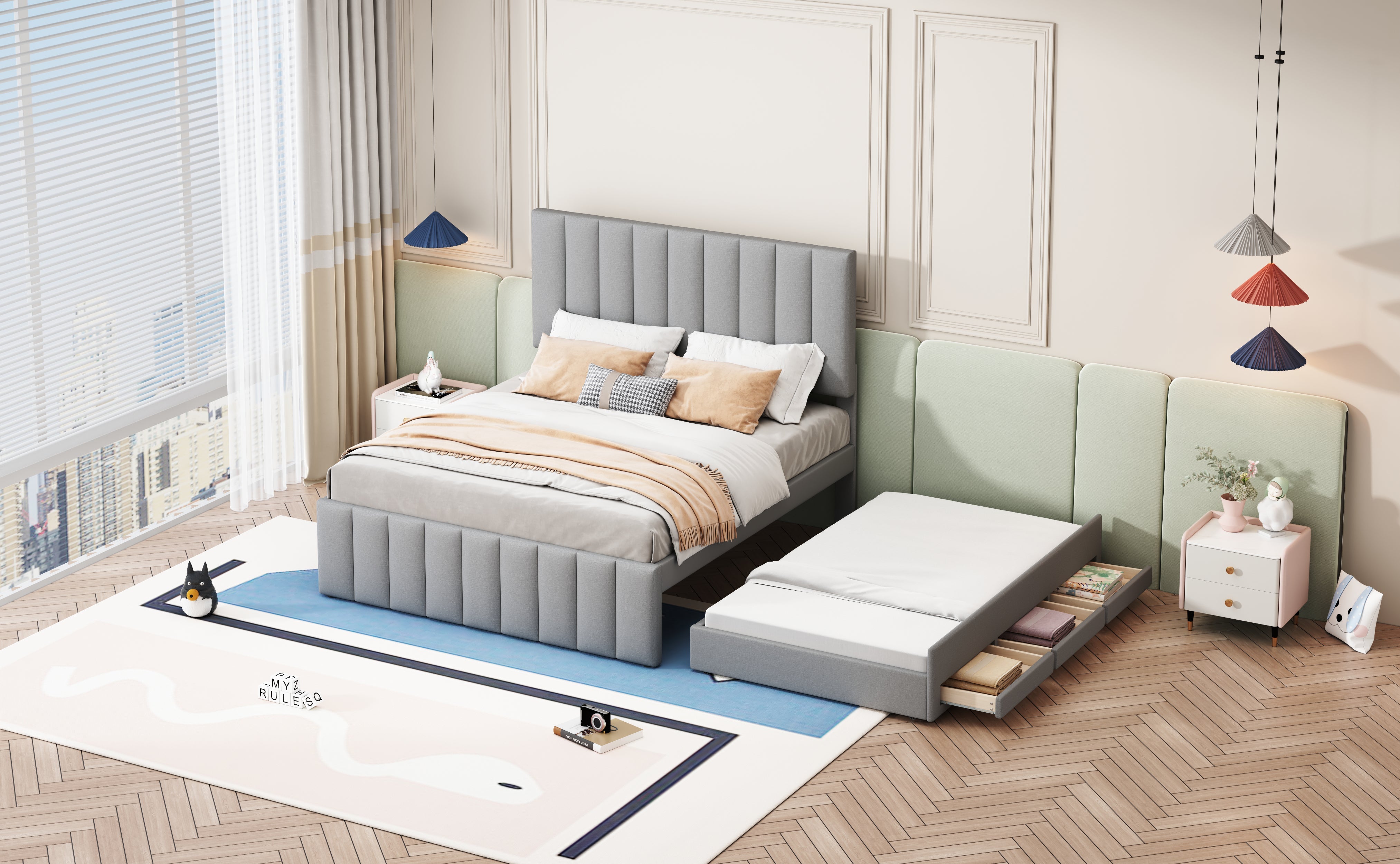 Logidon gestoffeerd bed 140 x 200 cm met uitschuifbaar bed en lades grijs