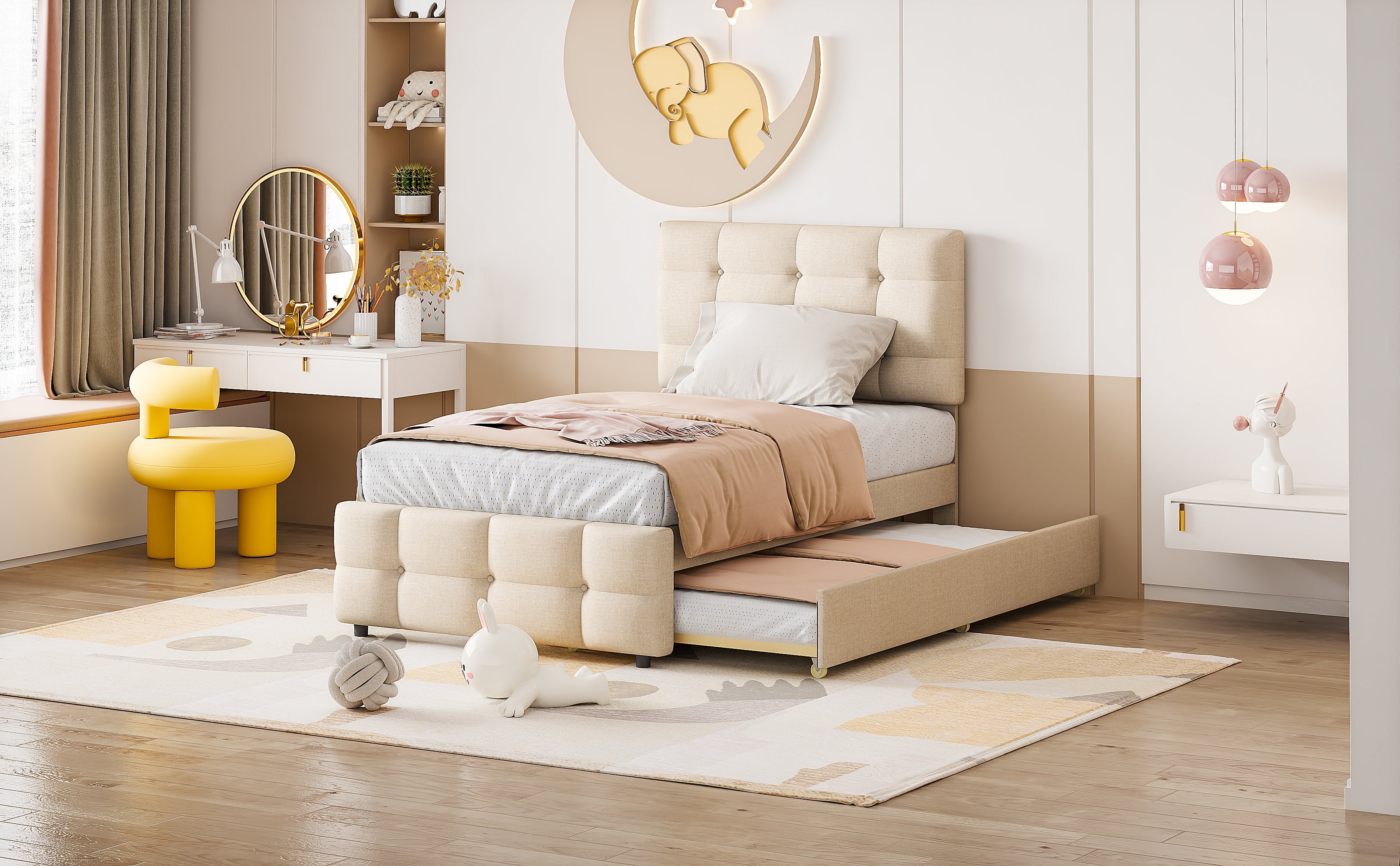 Logidon gestoffeerd bed 90x200 beige uitschuifbaar bed